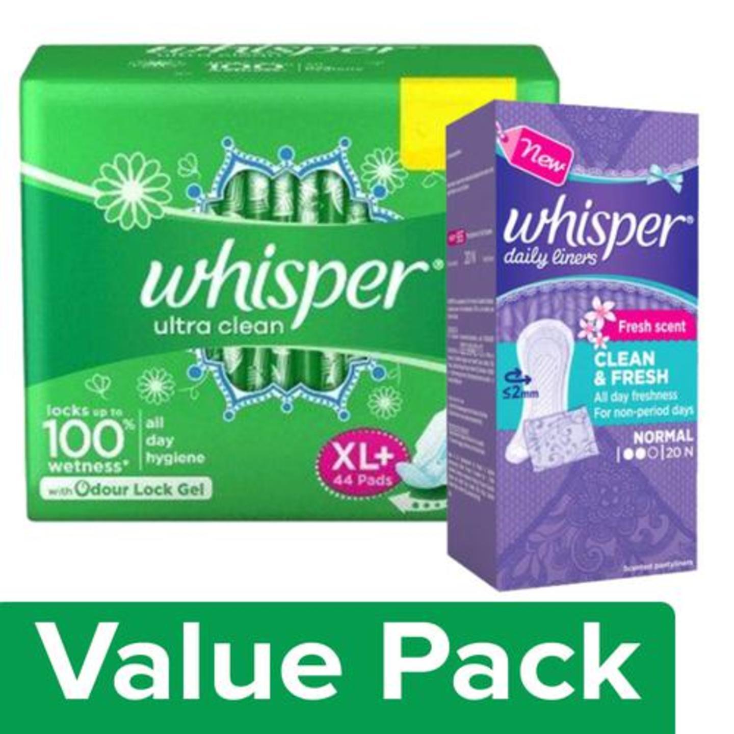 Whisper Sanitary Pads - XL Plus, Clean, Ultra 44 pcs+Daily Liners-Clean & Fresh 20s Pack, Combo 2 Items