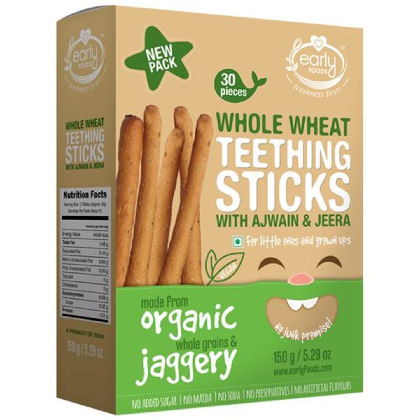 Early Foods Organic - Whole Wheat Ajwain Jaggery Teething Sticks, 150 g