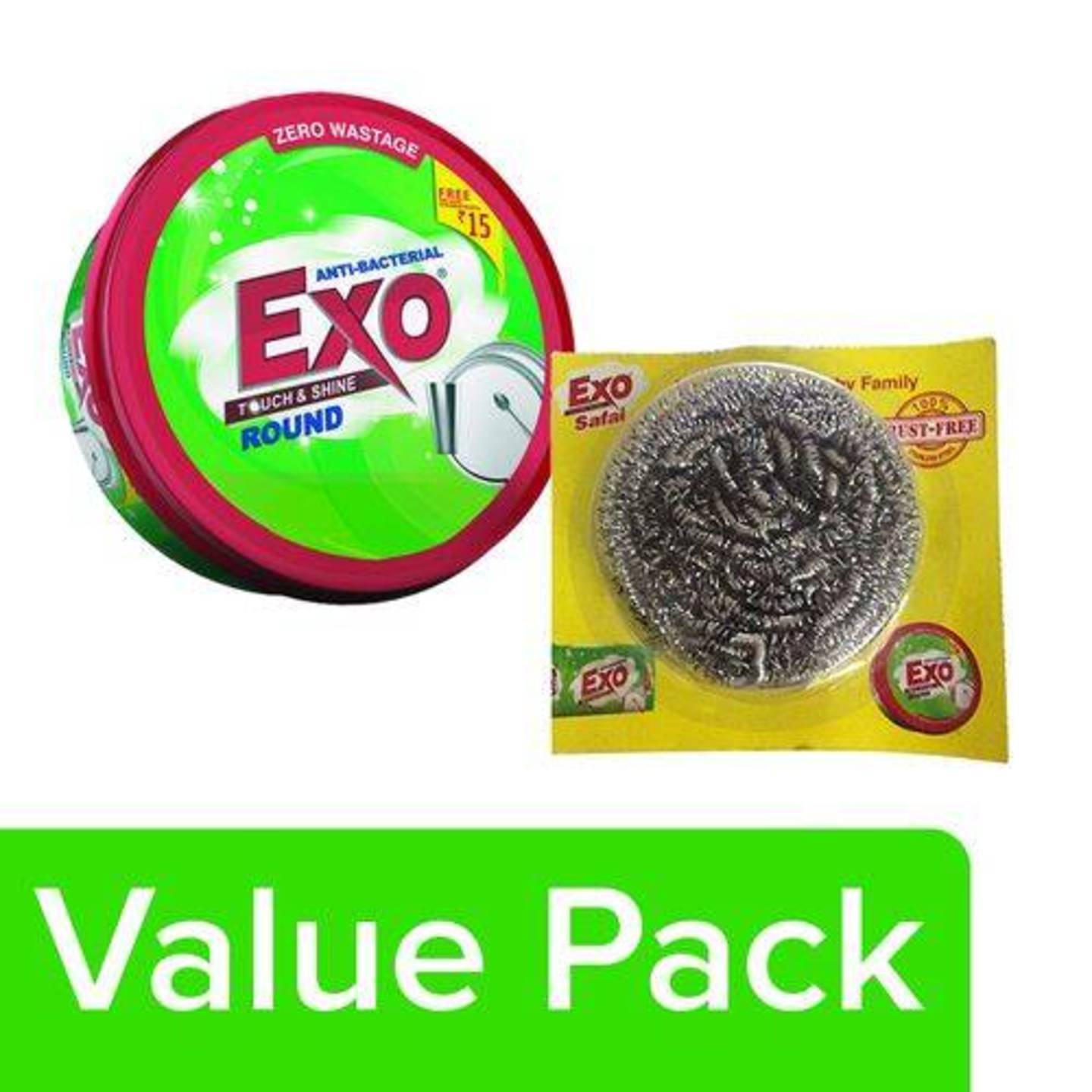 Exo Dishwash Bar - Anti-Bacterial, Round 700 gm + Safal Steel Scrubber 1 pc, Combo 2 Items