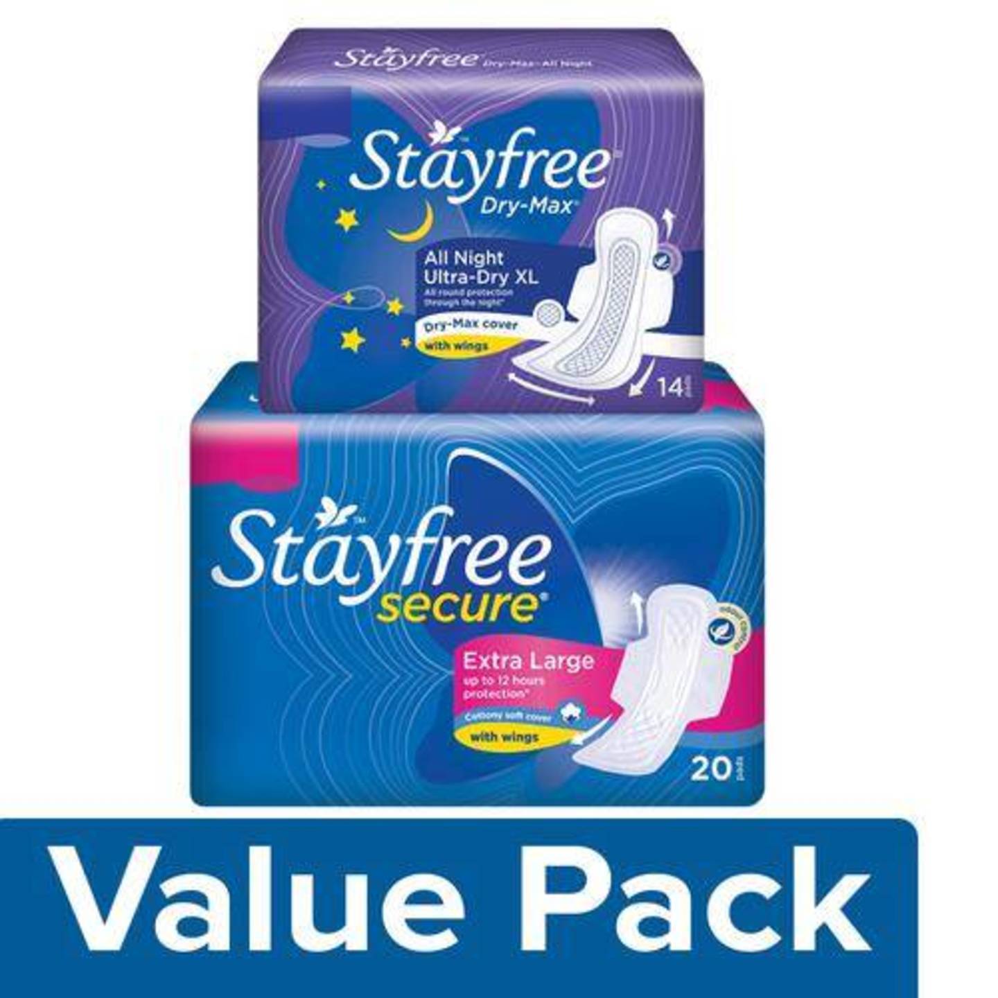   STAYFREE STAYFREE Secure XL Cottony Soft 20pcs+ Dry-Max All Night Ultra-Dry XL 14pcs (With Wings), Combo 2 Items