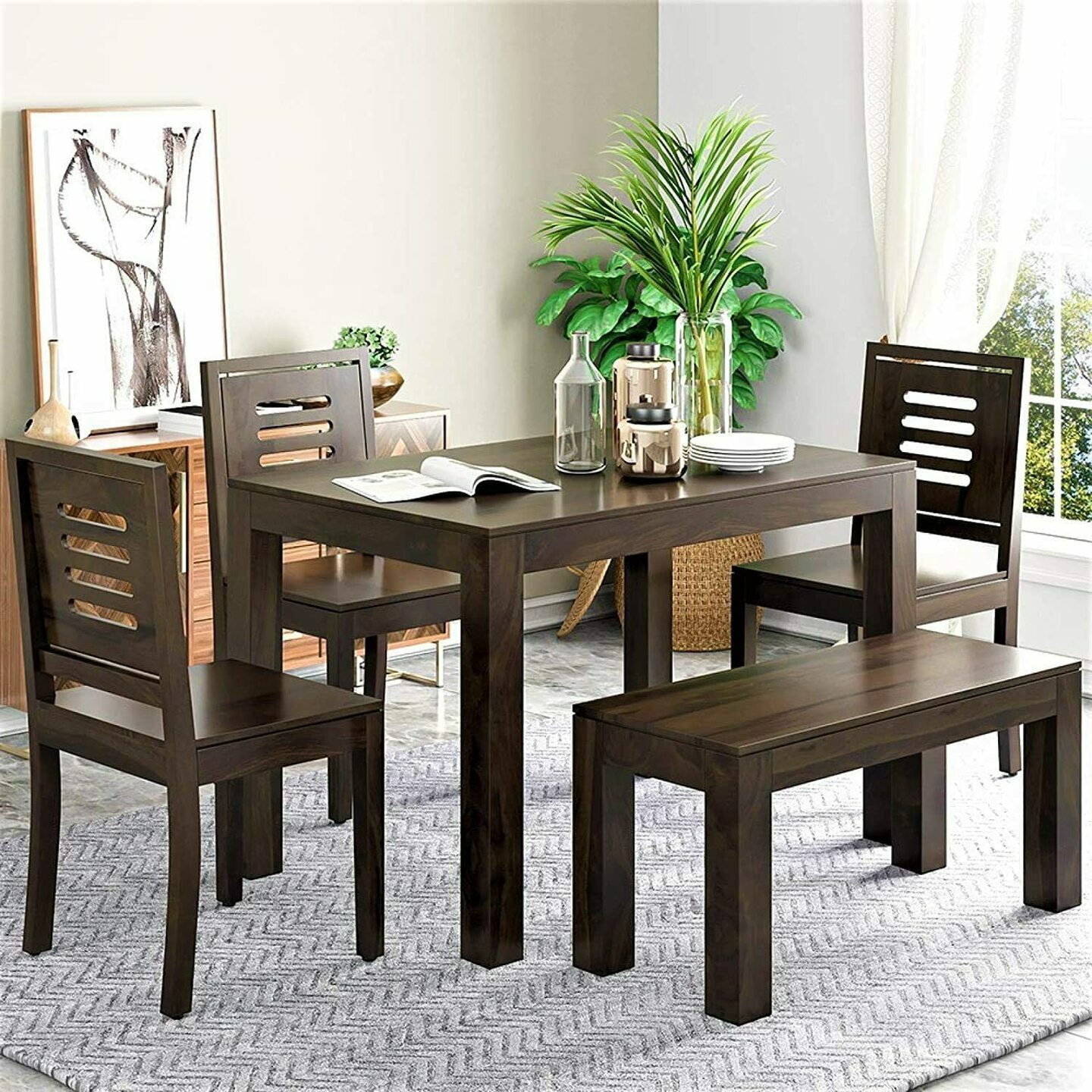 AMS Furniture Wooden Dining Table 4 Seater | Four Seater Dinning Table with 3 Chairs & 1 Bench for Home | Dining Room Sets for Restraunts (Walnut Brown, Sheesham Wood, 4 Seater)