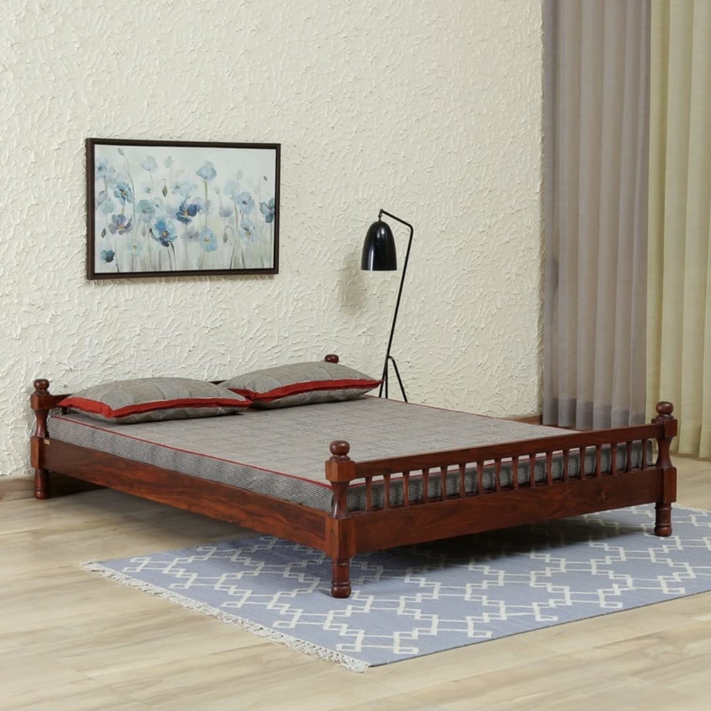 AMS Furniture Contemporary Solid Wood Sheesham & Teak Wood Queen Size Bed Without Storage for Living Room & Bed Room Natural Finish