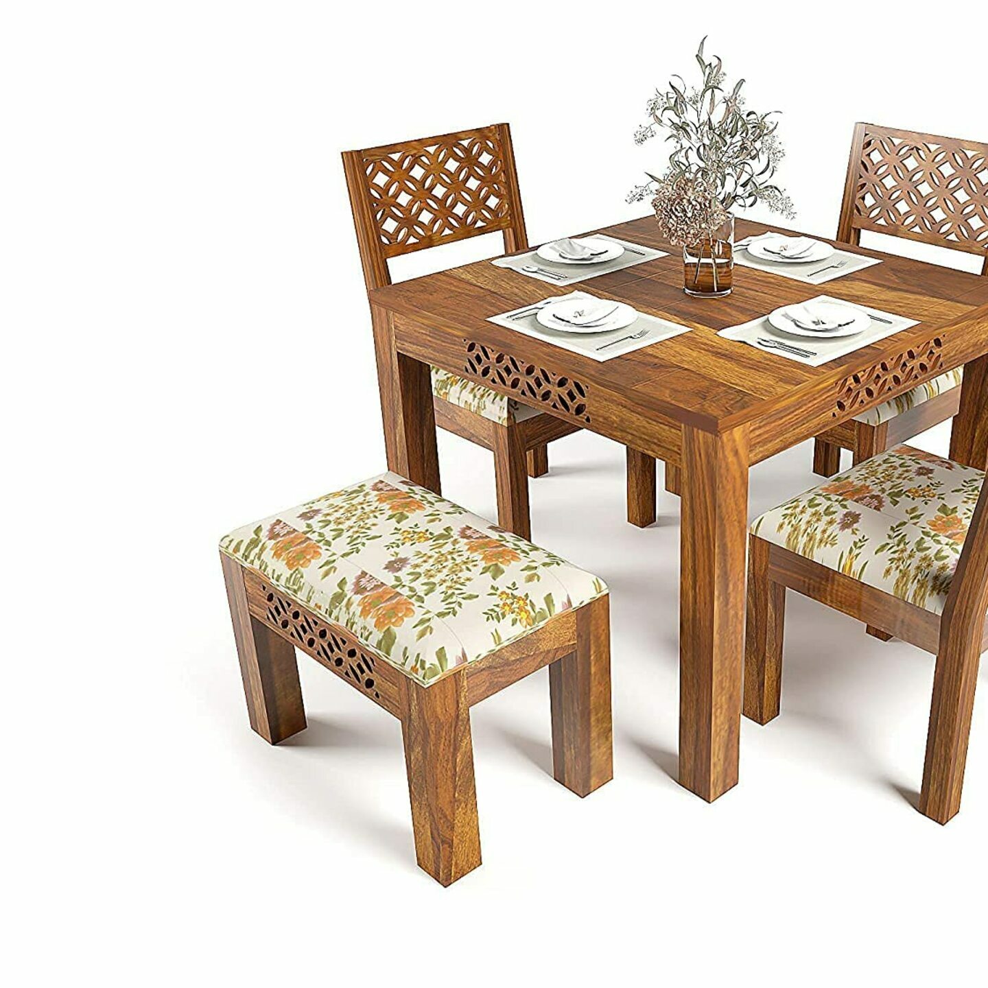 Solid sheesham Wood 4 Seater Dining Room Sets | Wooden Dining Table Set with 3 Chairs and 1 Bench || Dining Table Set for Home Living Room Furniture
