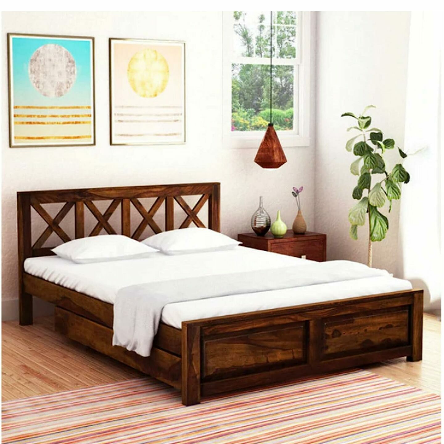 AMS FURNITURE Wood King Size Bed with 2 Side Drawers Storage for Bedroom, Living Room, Wooden Double Bed Furniture for Home, Hotel, Wooden King Size Bed - Teak Finish