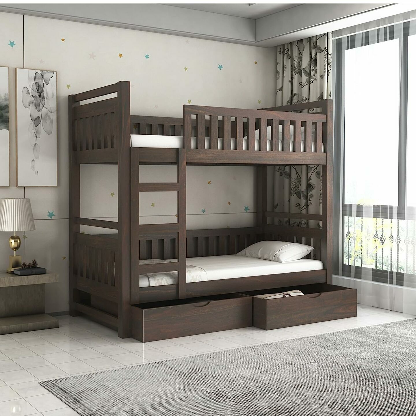 AMS FURNITURE Sheesham Wood Bunk Bed with 2 Drawer Storage Wooden Double Bed Furniture for Bedroom Home (Walnut Finish)