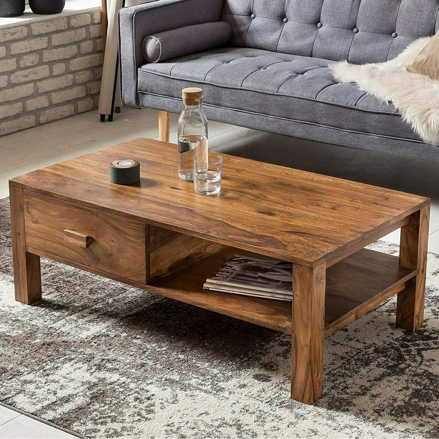 Sheesham Wood mid Century Mordern Wooden Rectangle Coffee Centre Table for Living Room with 1 Drawer and Shelf Storage (Sheesham Wood, Natural Wooden Finish, 100×50×40 cm)