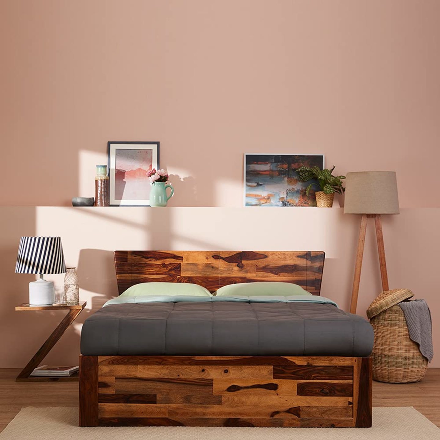 AMS Furniture King Size Sheesham Wood Bed with Storage (Natural Finish_Brown)