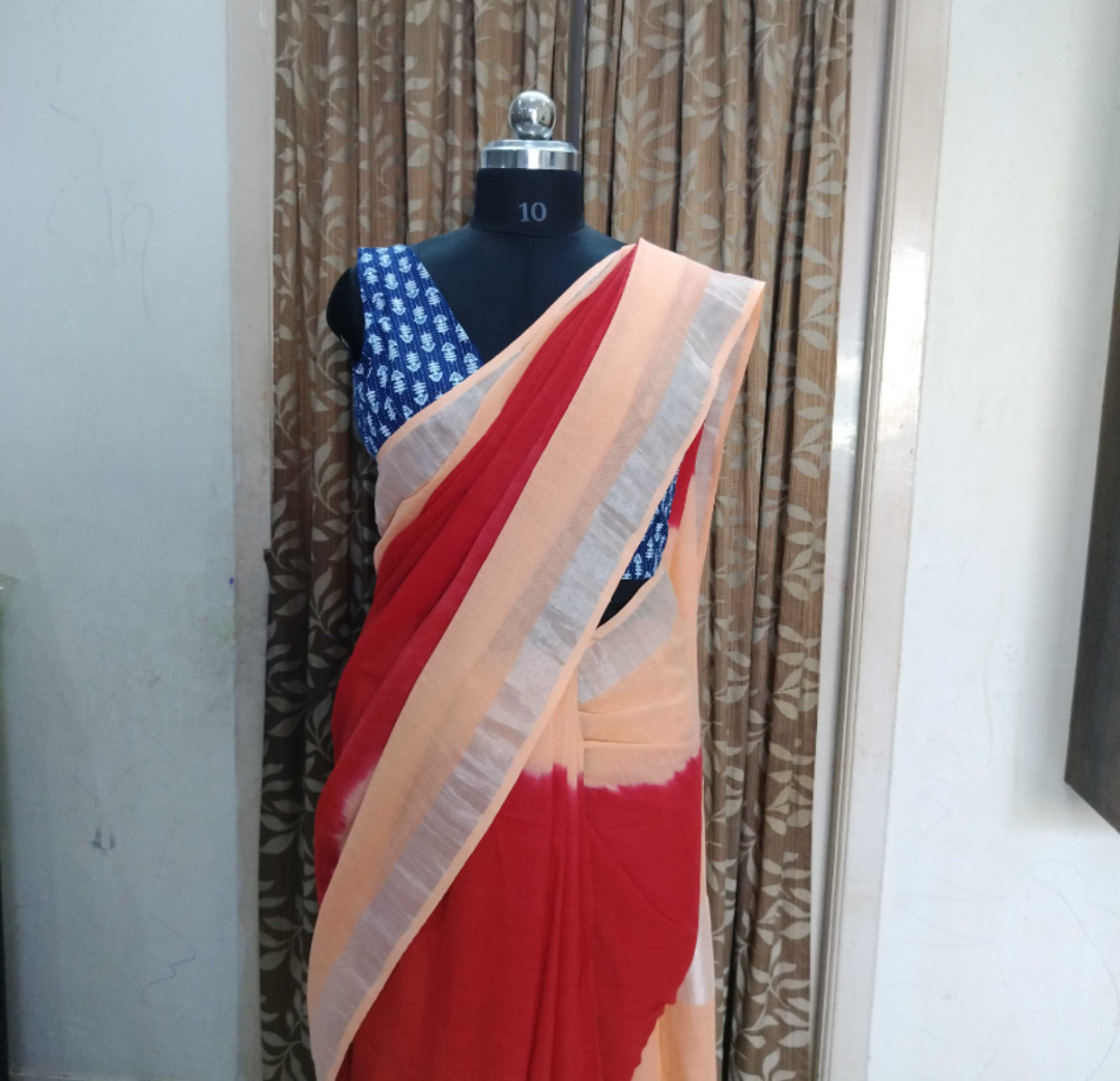 Peach and red Linen cotton saree