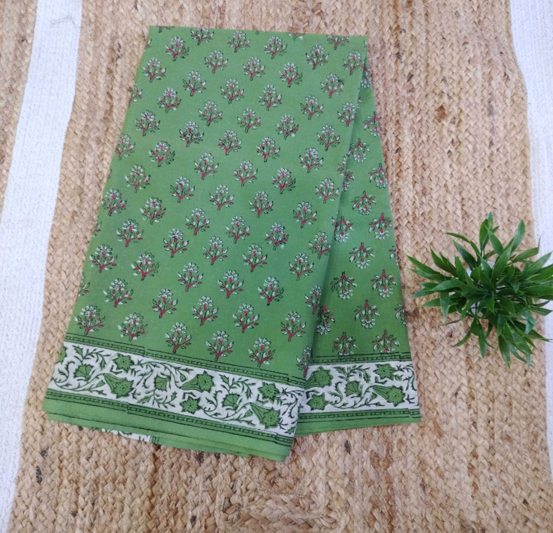 Green Mogra block printed cotton saree