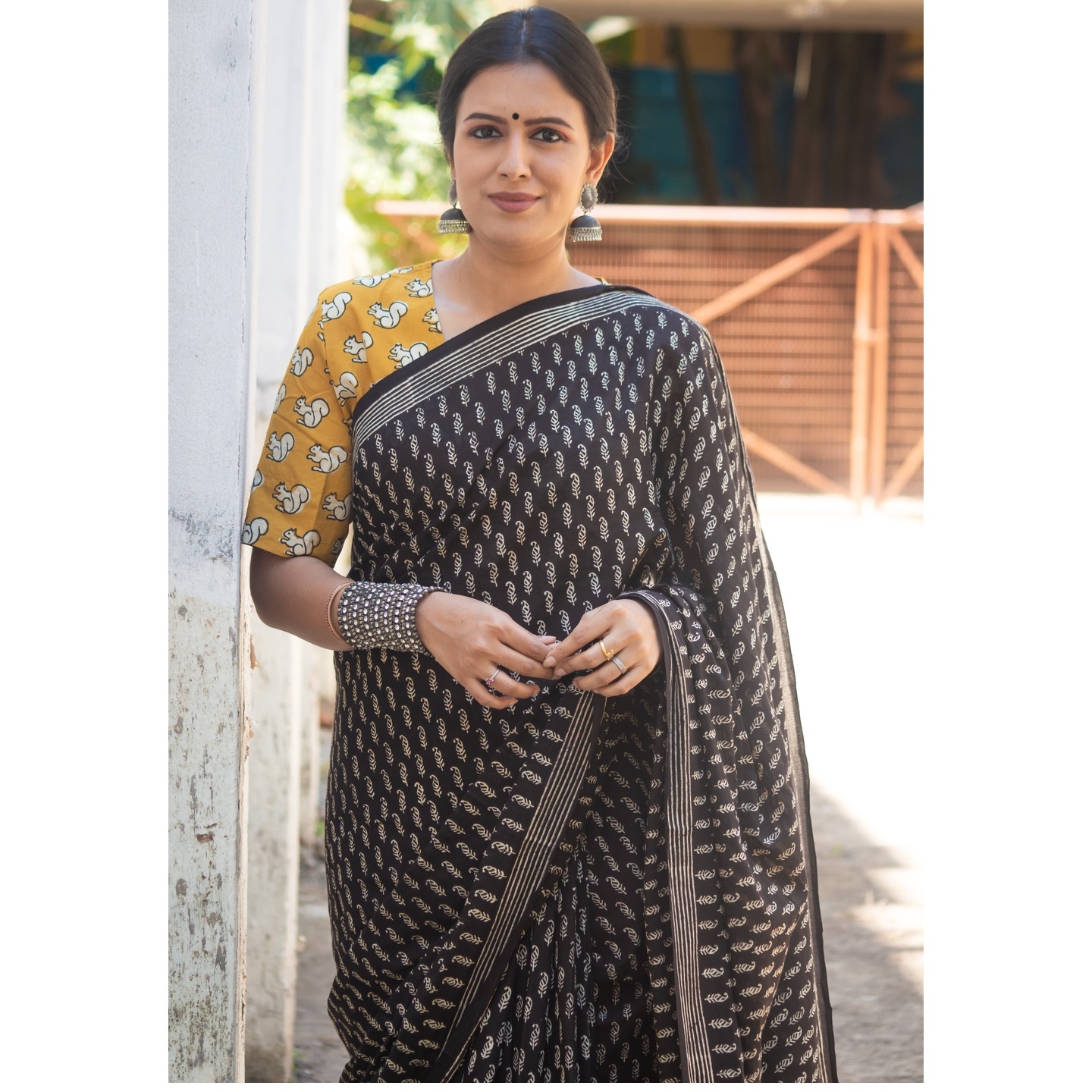 Black block printed cotton saree