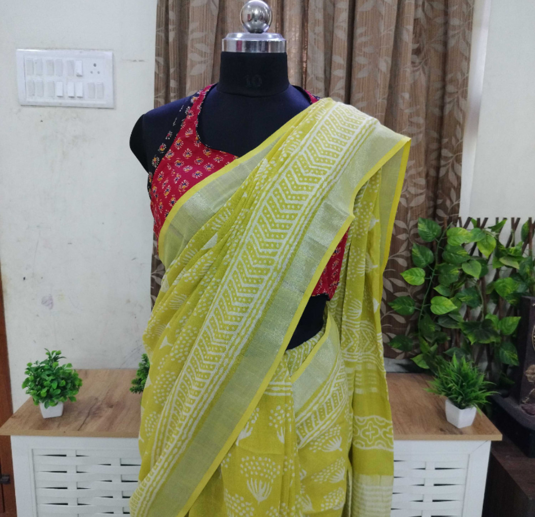 Lime Yellow Linen cotton saree 