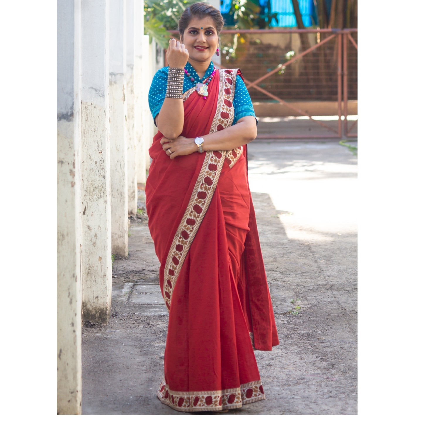 Red patchwork saree