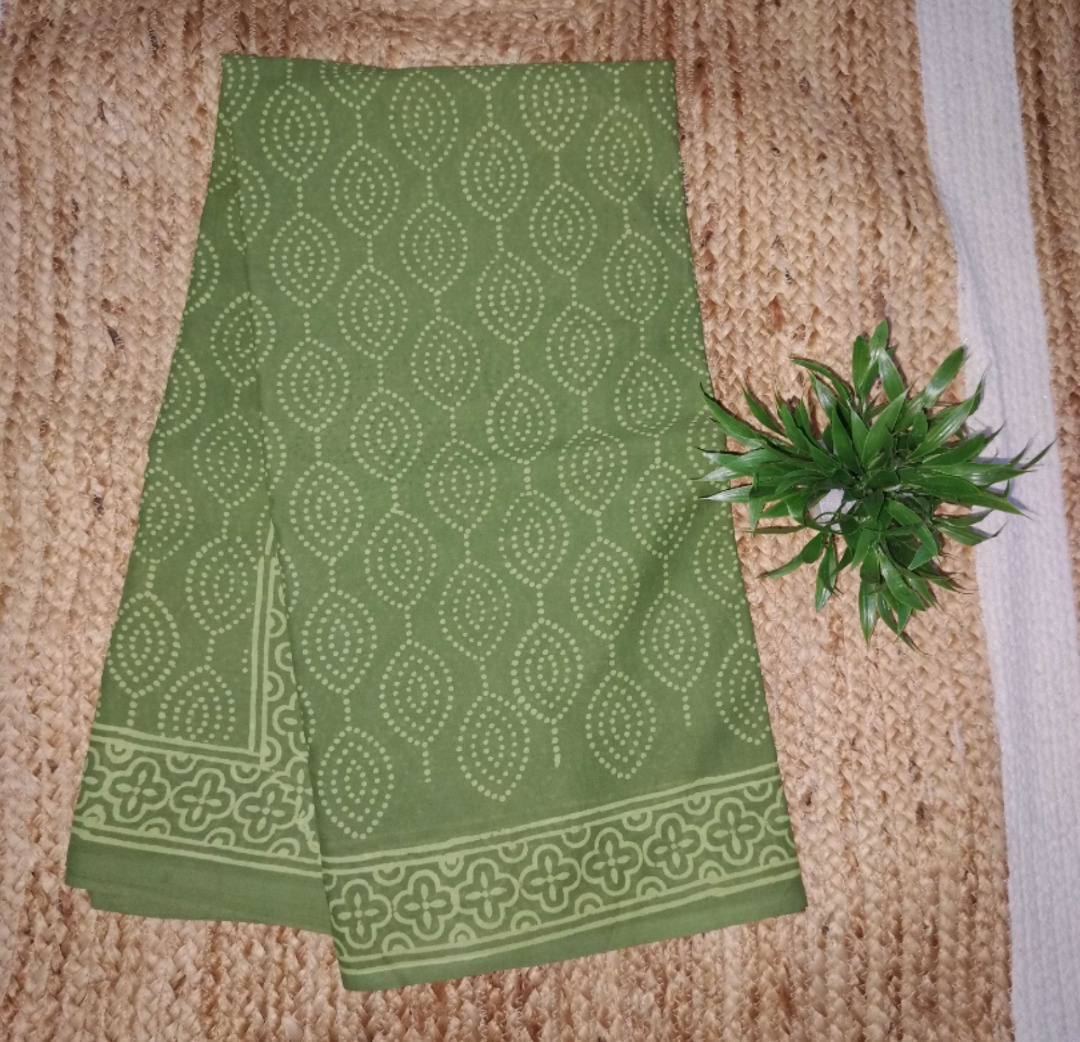 Green Dotted block printed cotton saree