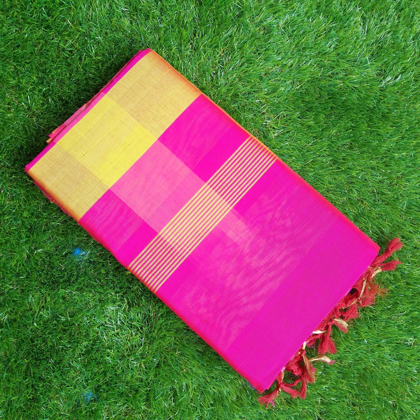 Pink yellow checkered saree