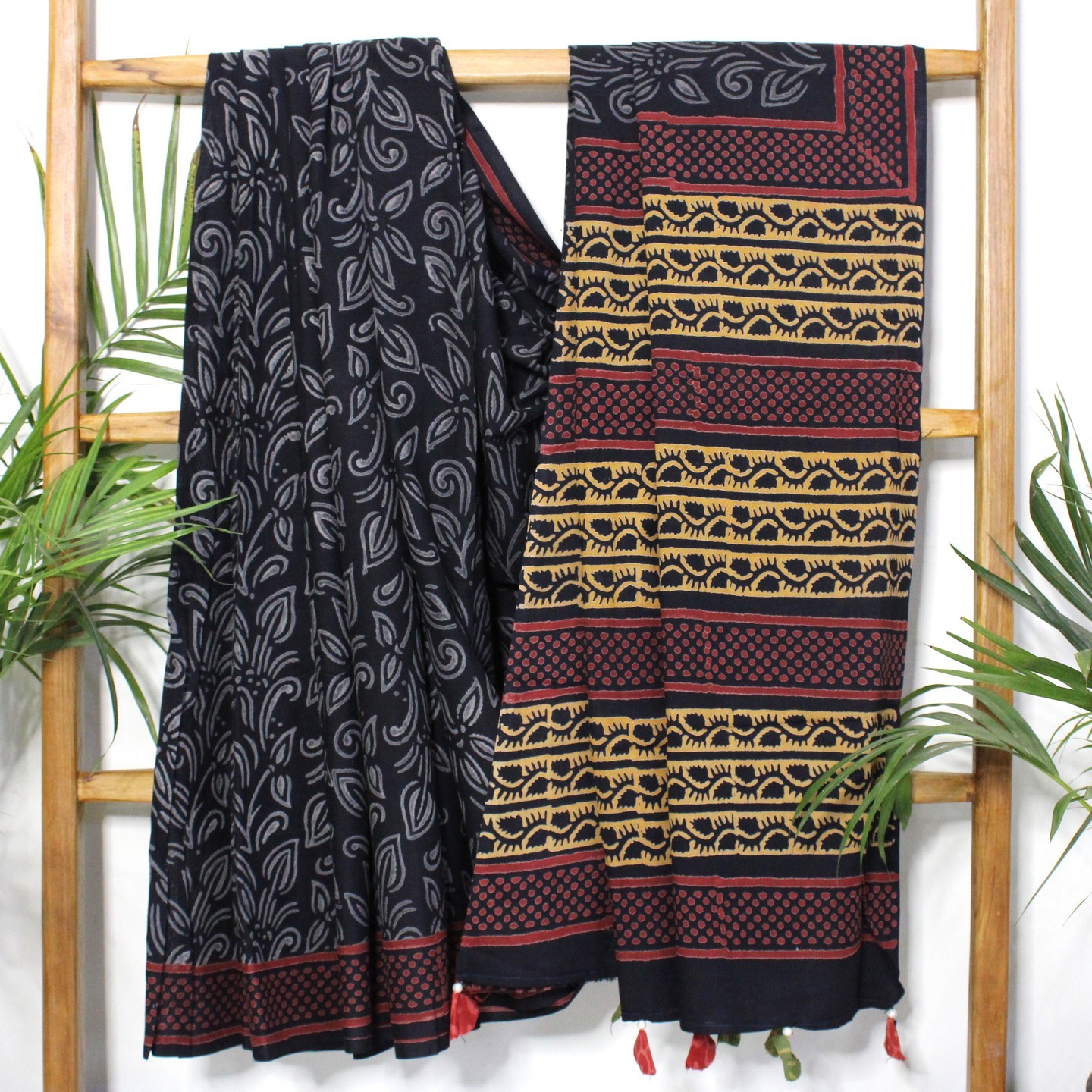 Black block printed saree