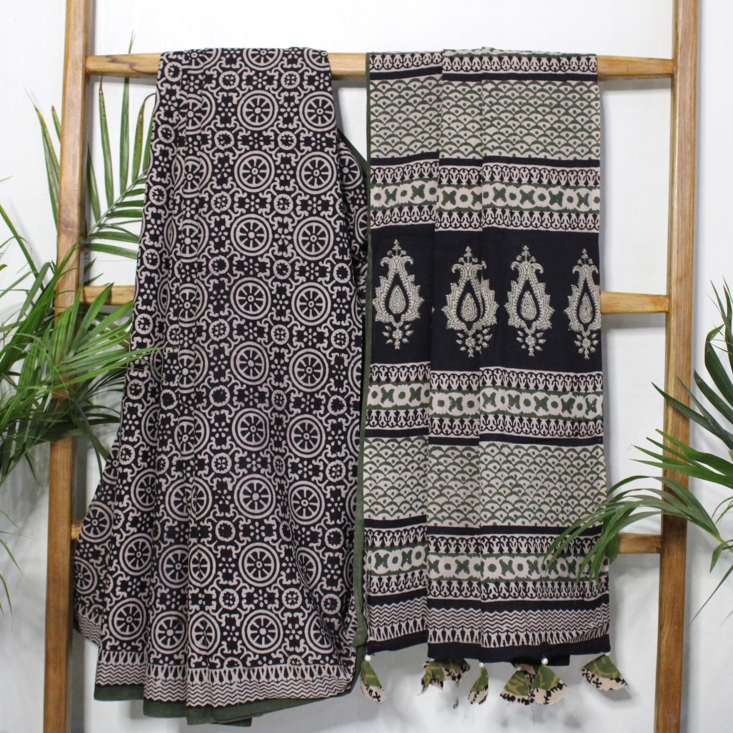 Black and Biege block printed saree