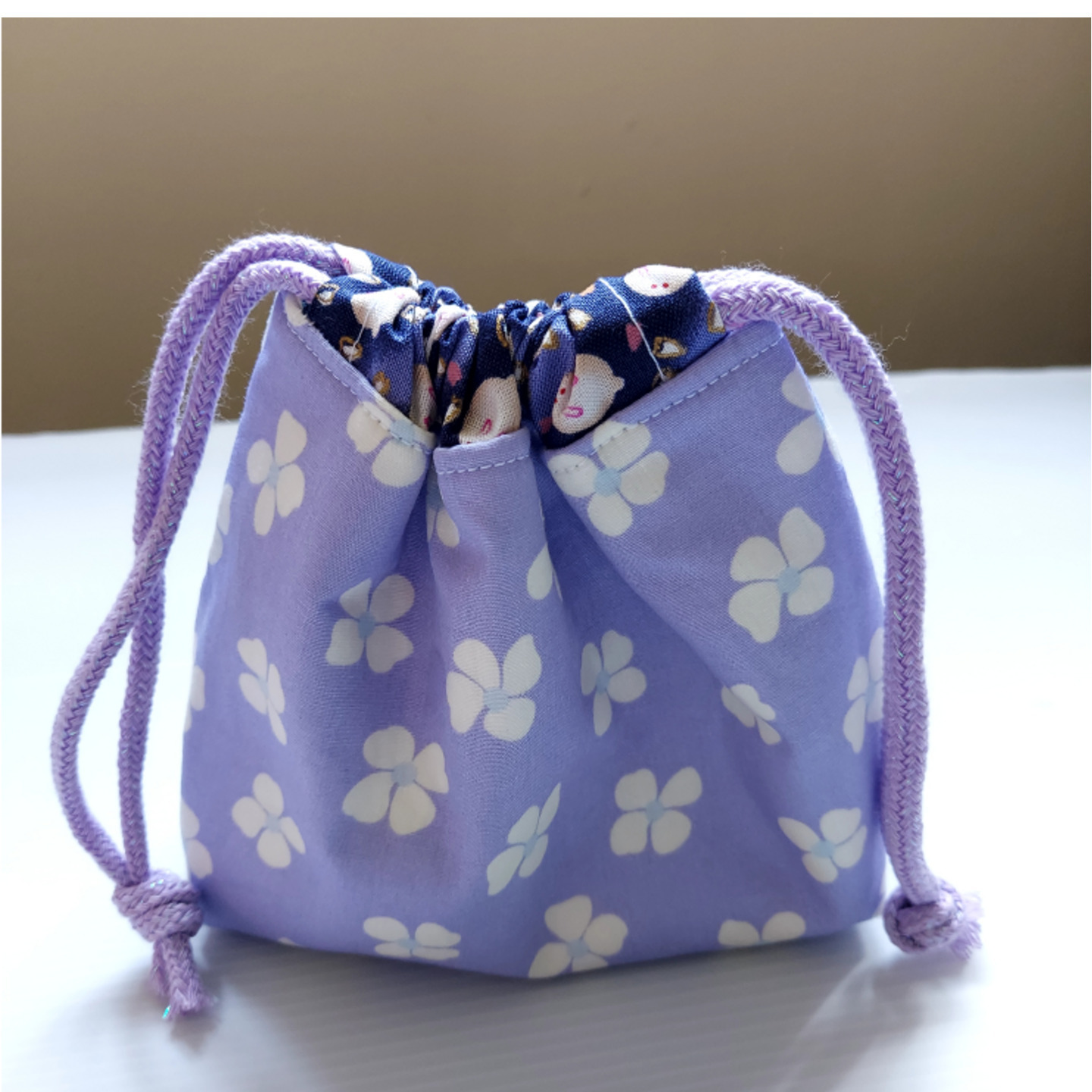 Drawstring Bag w/batting (D.Blue/Lilac sakura)
