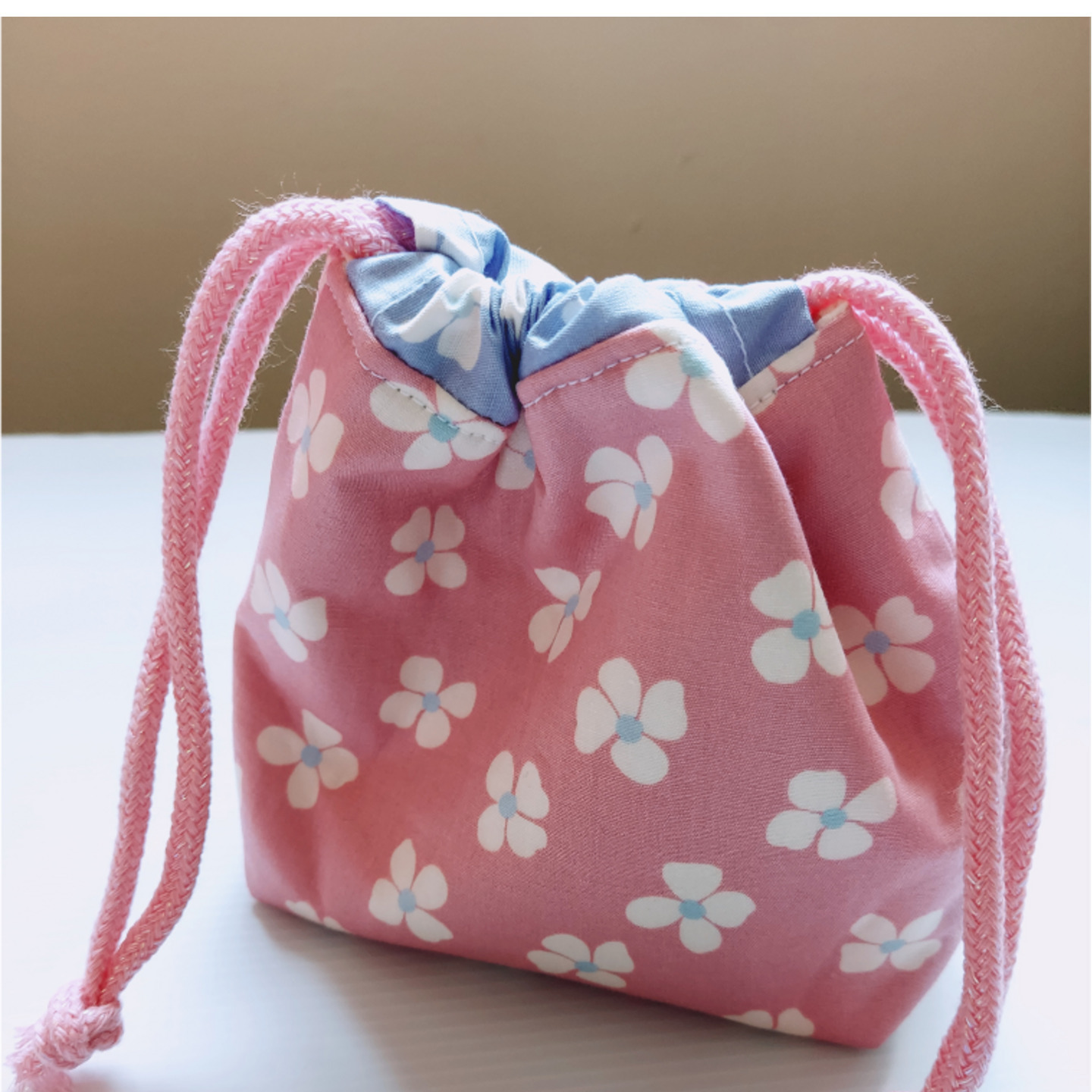 Drawstring Bag w/batting (Blue/Pink Sakura)