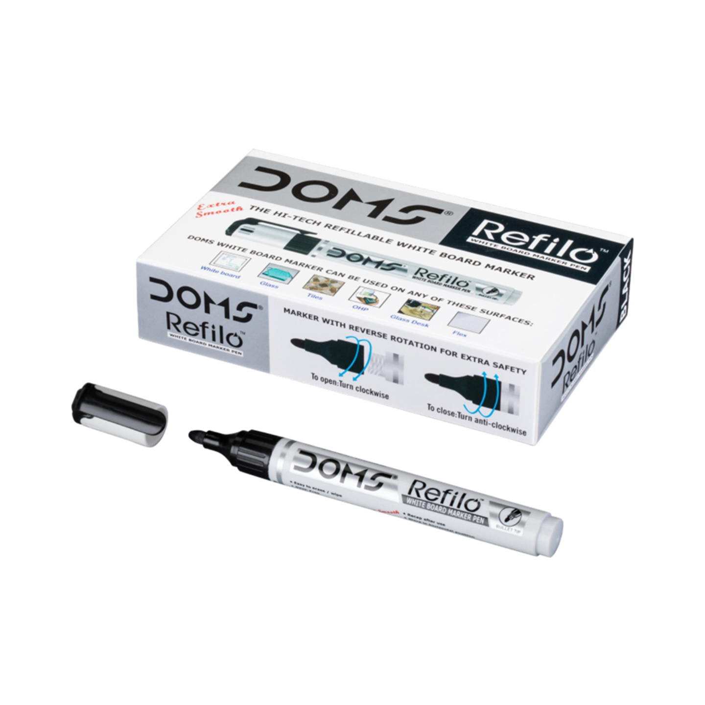 DOMS Refilo White Board Marker - Black  Pack of 10