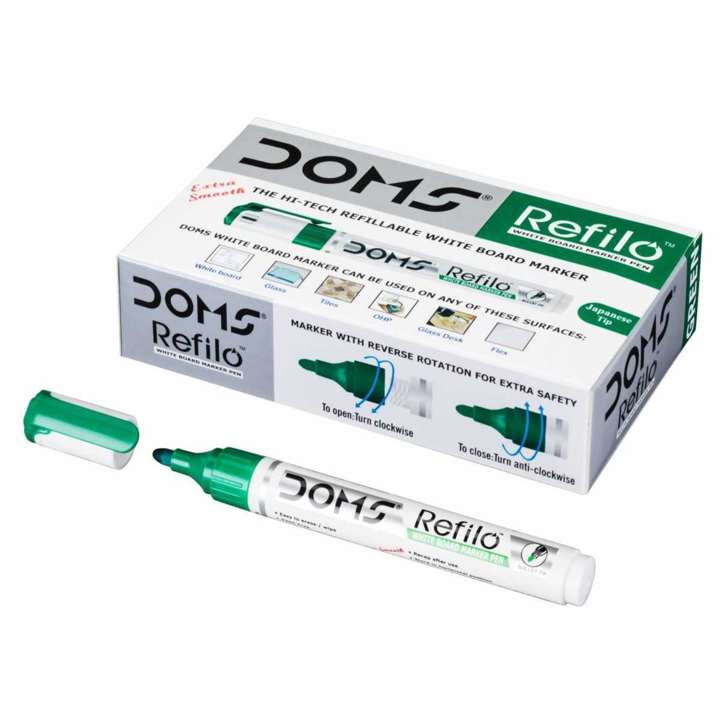 DOMS Refilo White Board Marker - Green Pack of 10