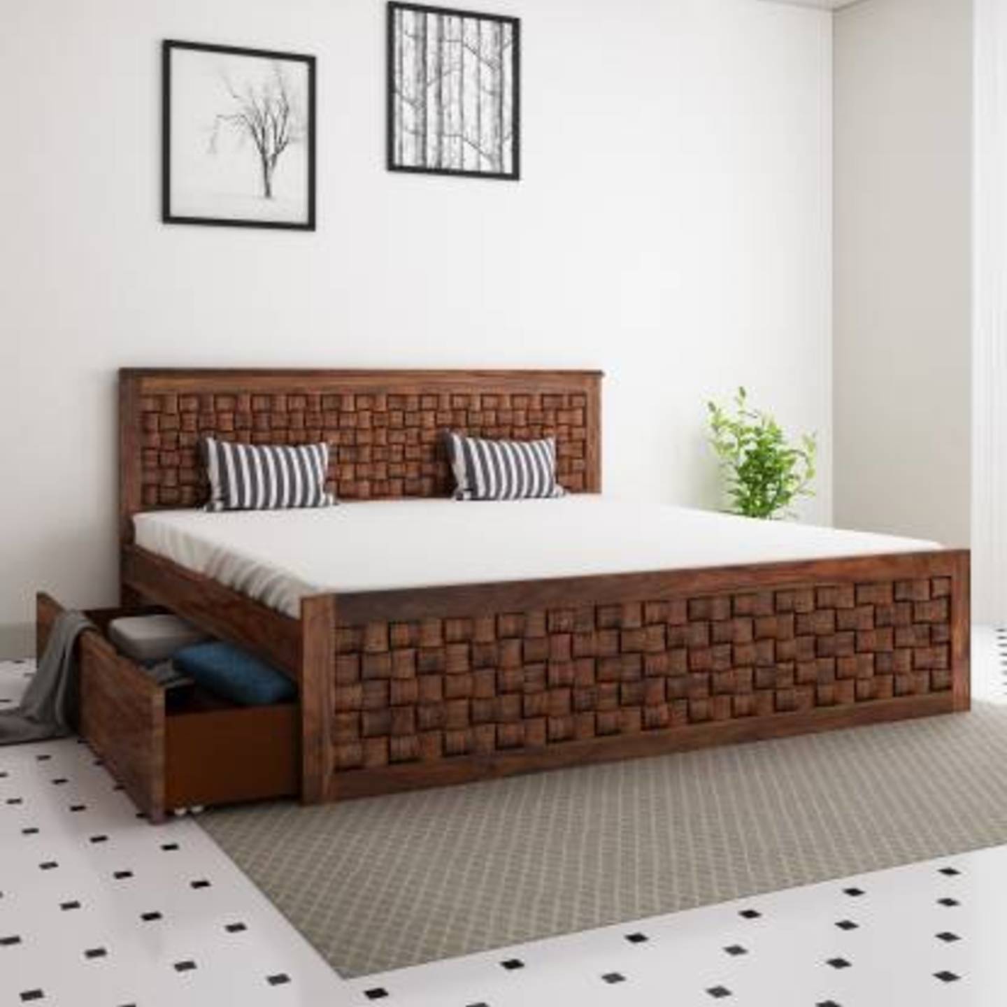 Restomatt Sheesham Wood Solid Wood King Drawer Bed  Finish Color - Teak, Delivery Condition - Knock Down