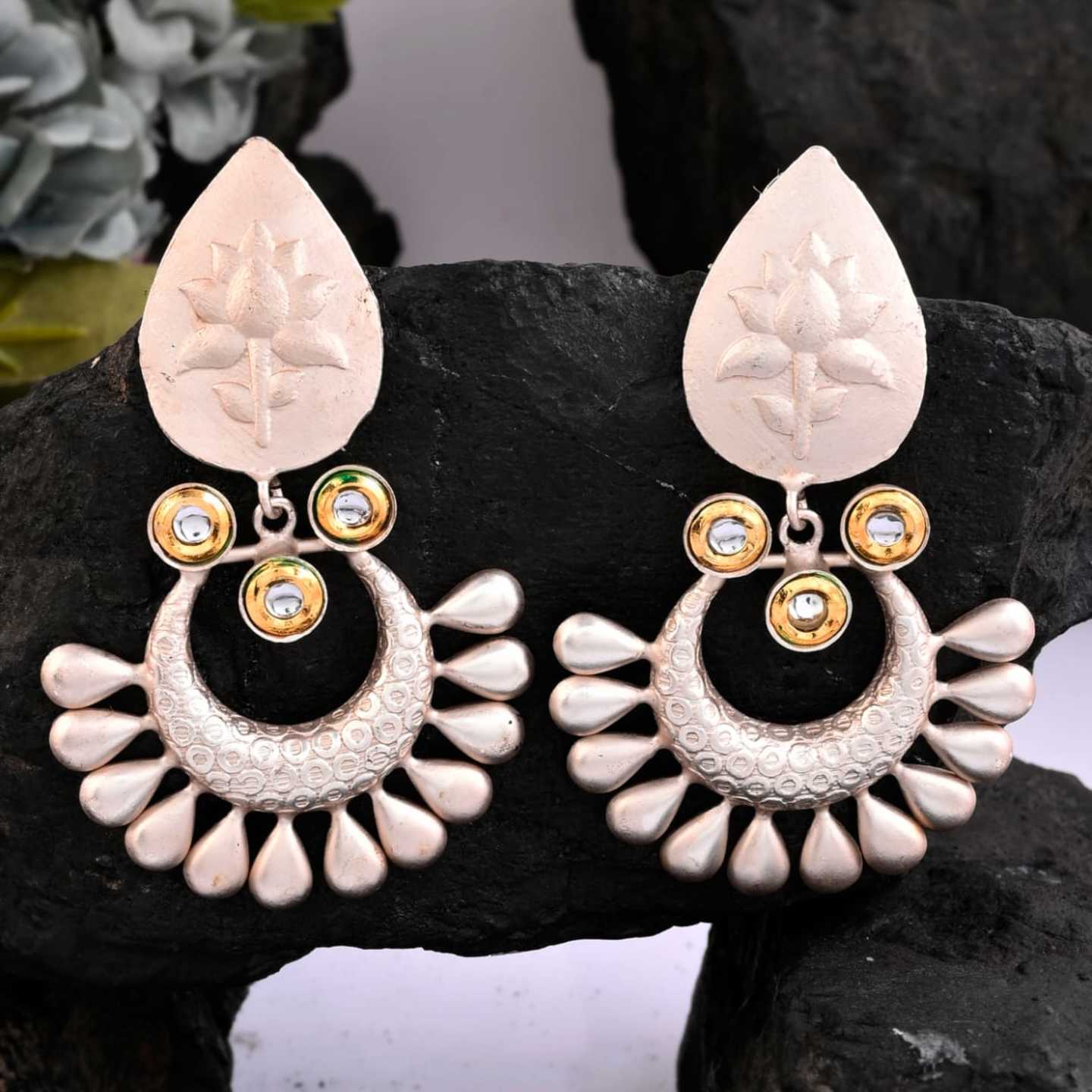 SLIVER REPLICA FUSION KUNDAN EARRINGS