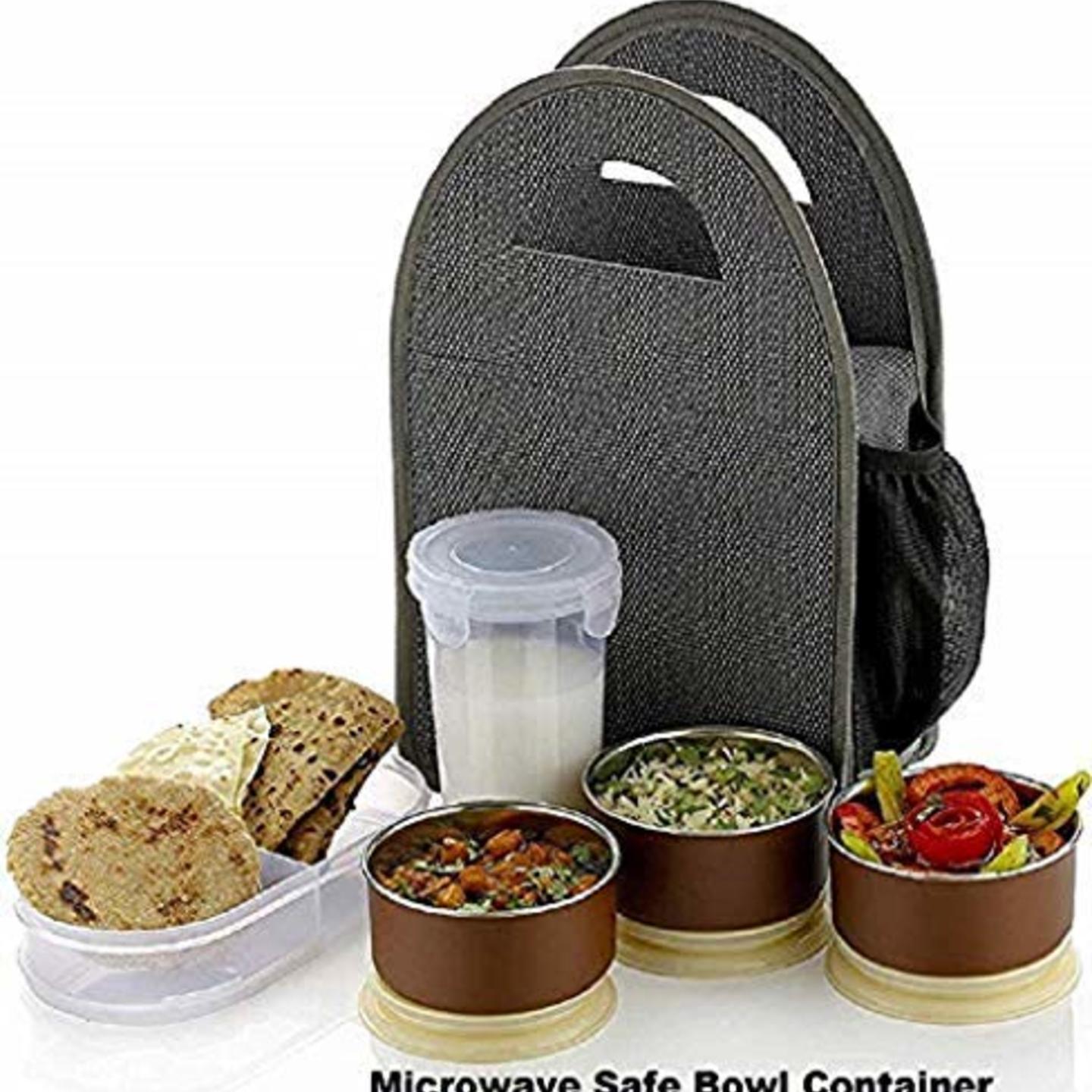 Stainless Steel 3 Container and 1 Casserole Set with Plastic Bottle Microwave-Safe Lunch Box with Bag for Adults and Kids 