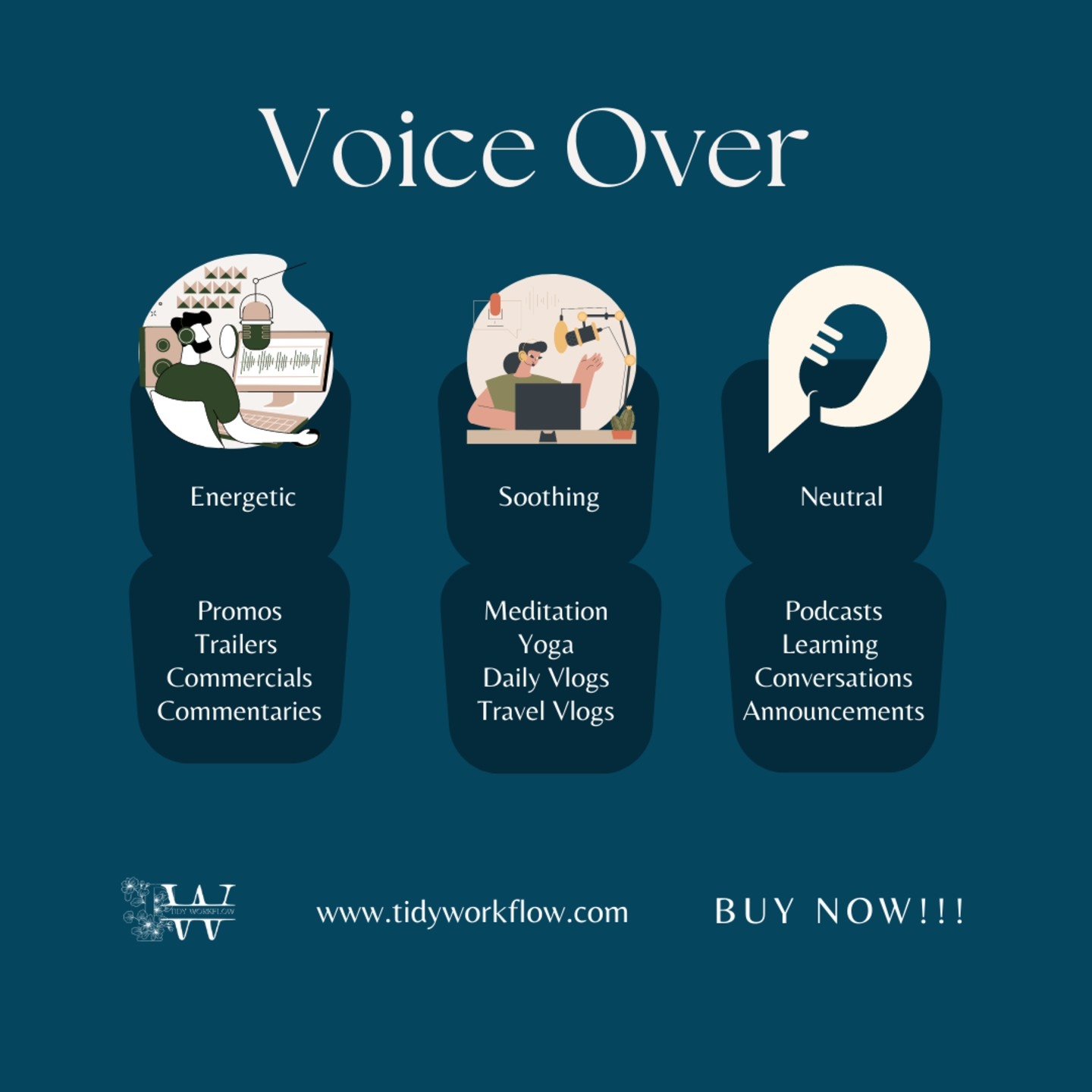 Voice Over Energetic, Soothing and Neutral.