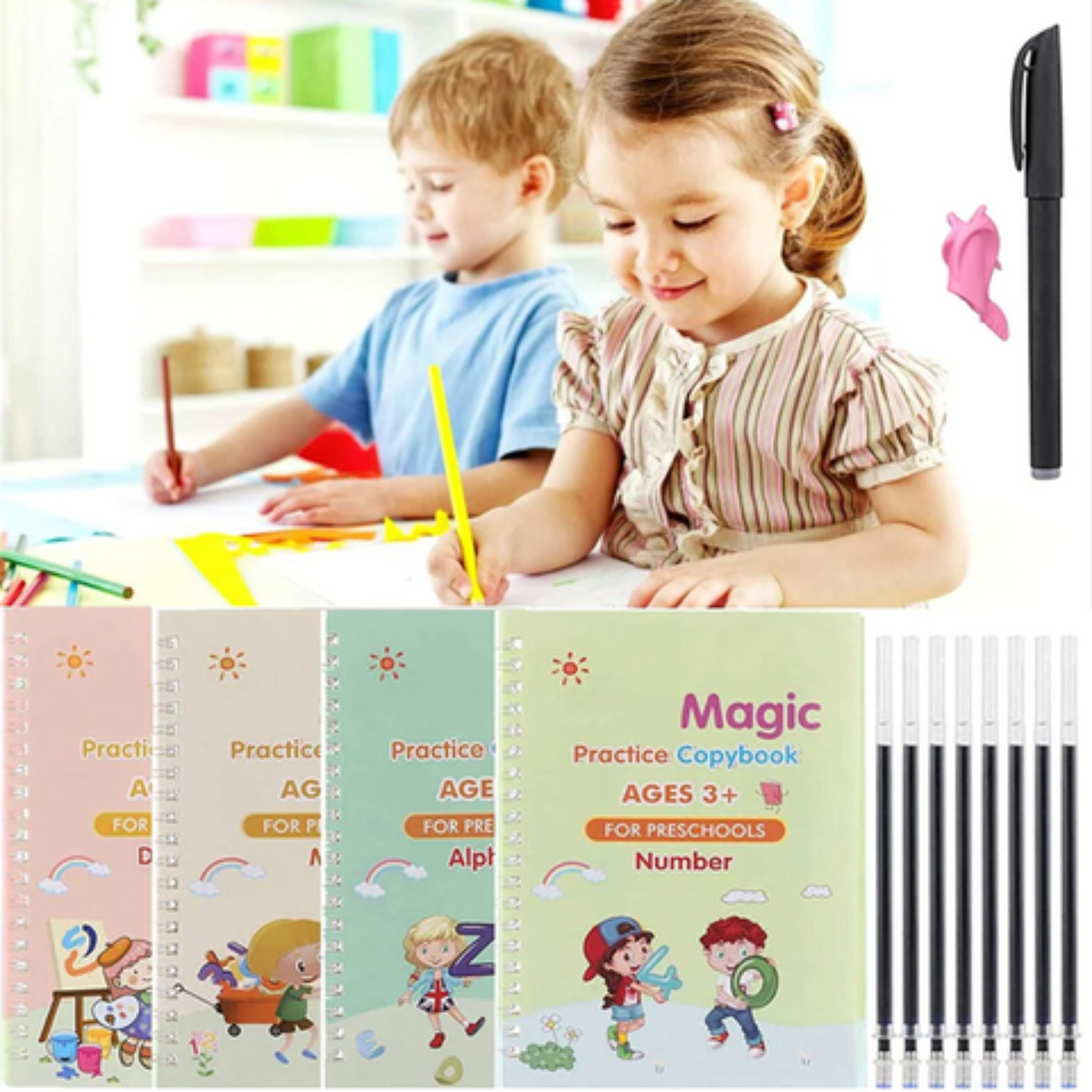 Magic Practice Copy Book Combo 4 Book + 10 Refill+1 Pen+1 Grip 3 to 6 years age group for handwriting