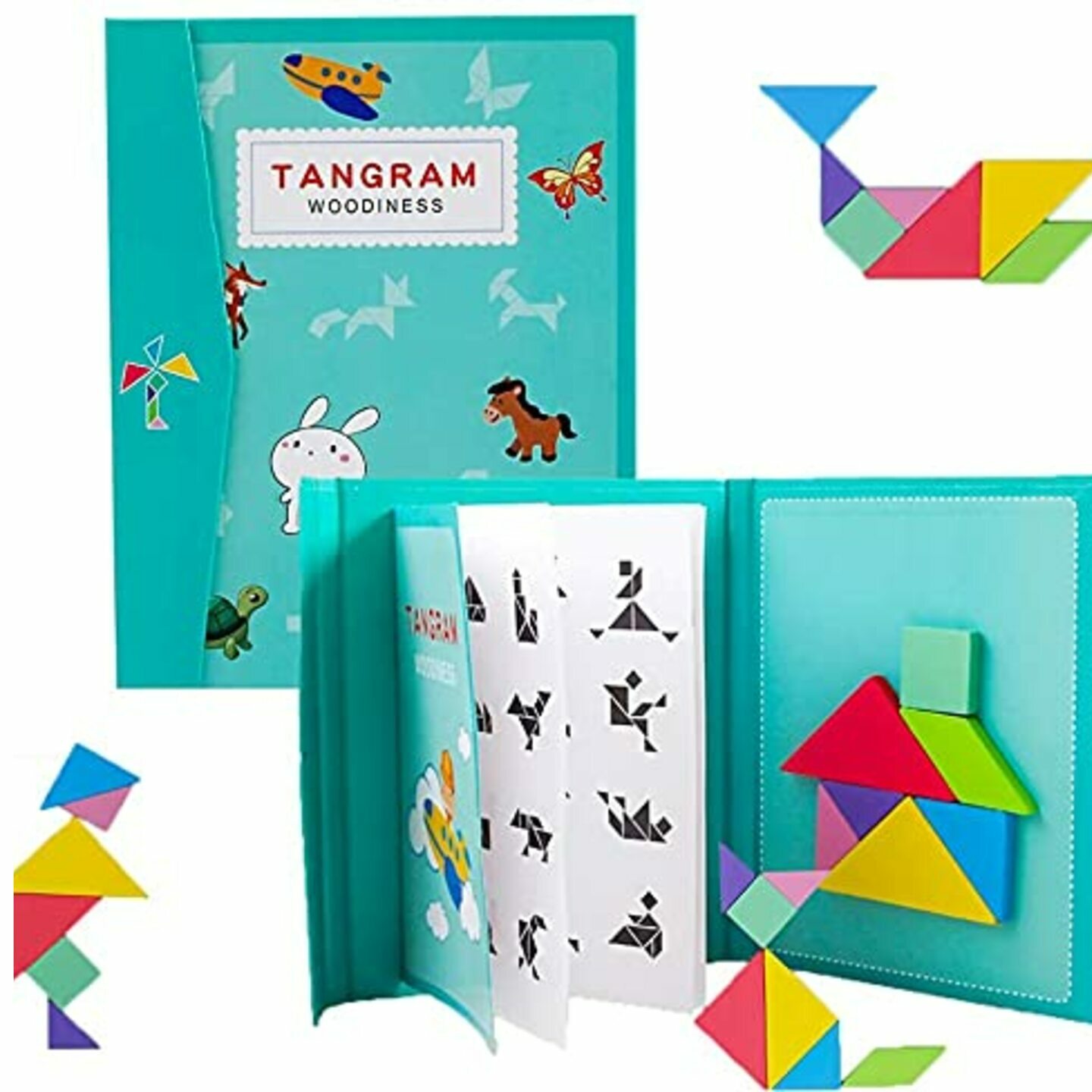 Wooden Magnetic Puzzle Book Game for Kids, Educational and Early Development Tangram, Jigsaw Shapes Dissection with Solution Questions