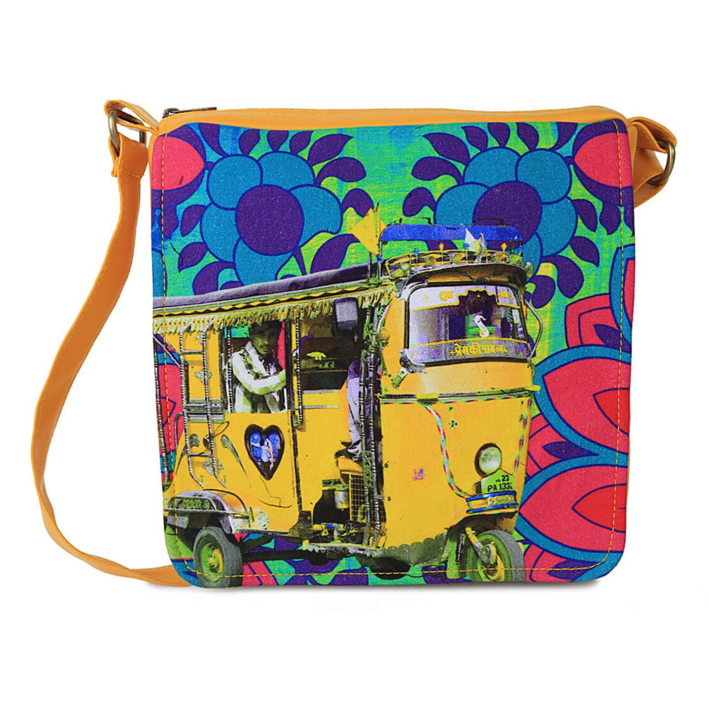 Neon Yellow Taxi Canvas  PU SlingCrossbody Bag