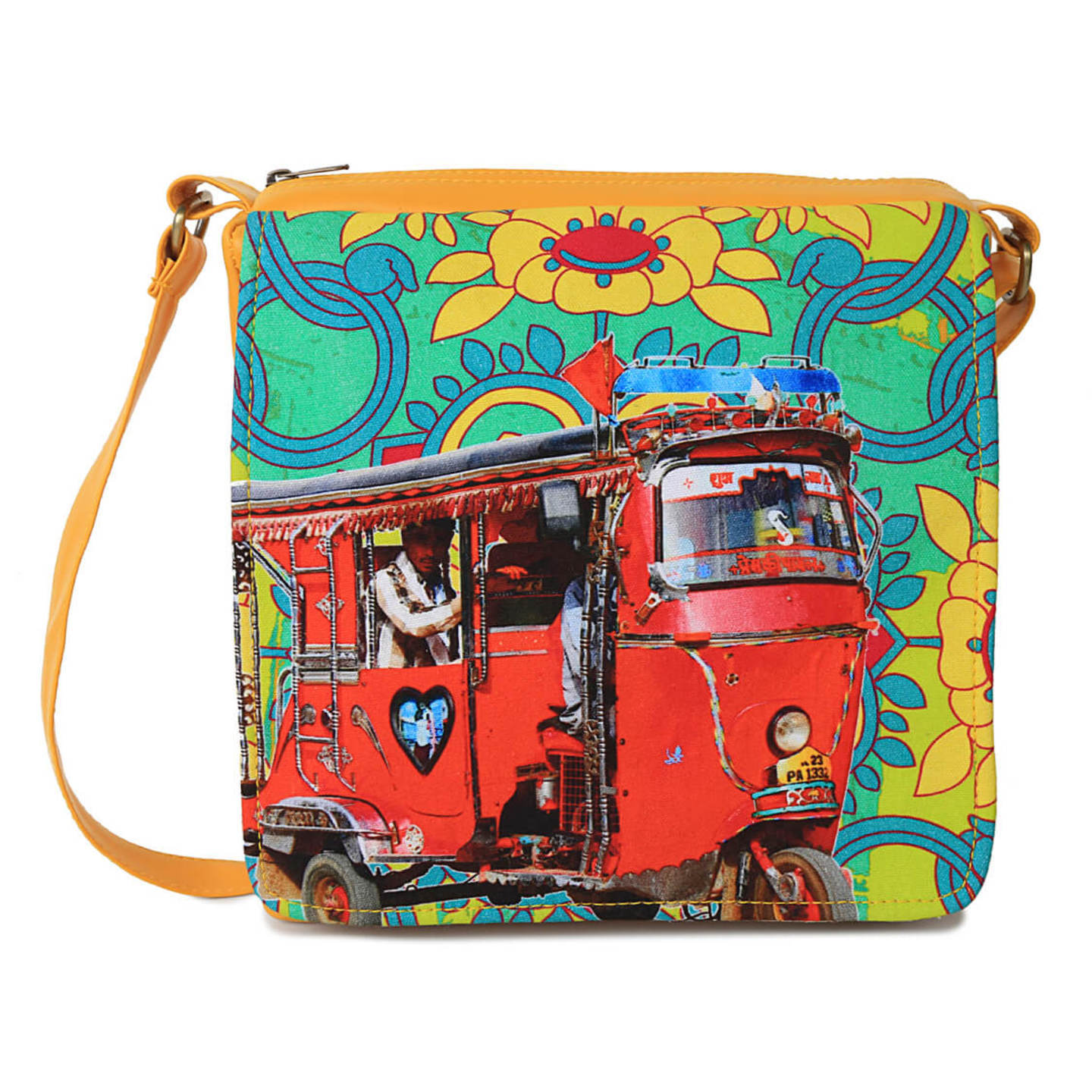 Red Auto Rickshaw Canvas  PU SlingCrossbody Bag