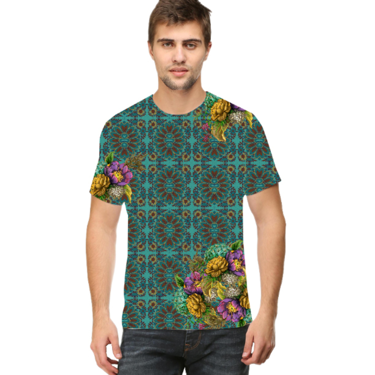 Men Geometric Design Flowery Round Neck T-Shirt