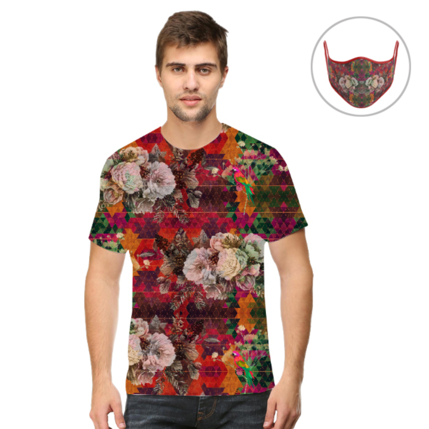 Men Multicoloured Floral T-Shirt Mask Combo