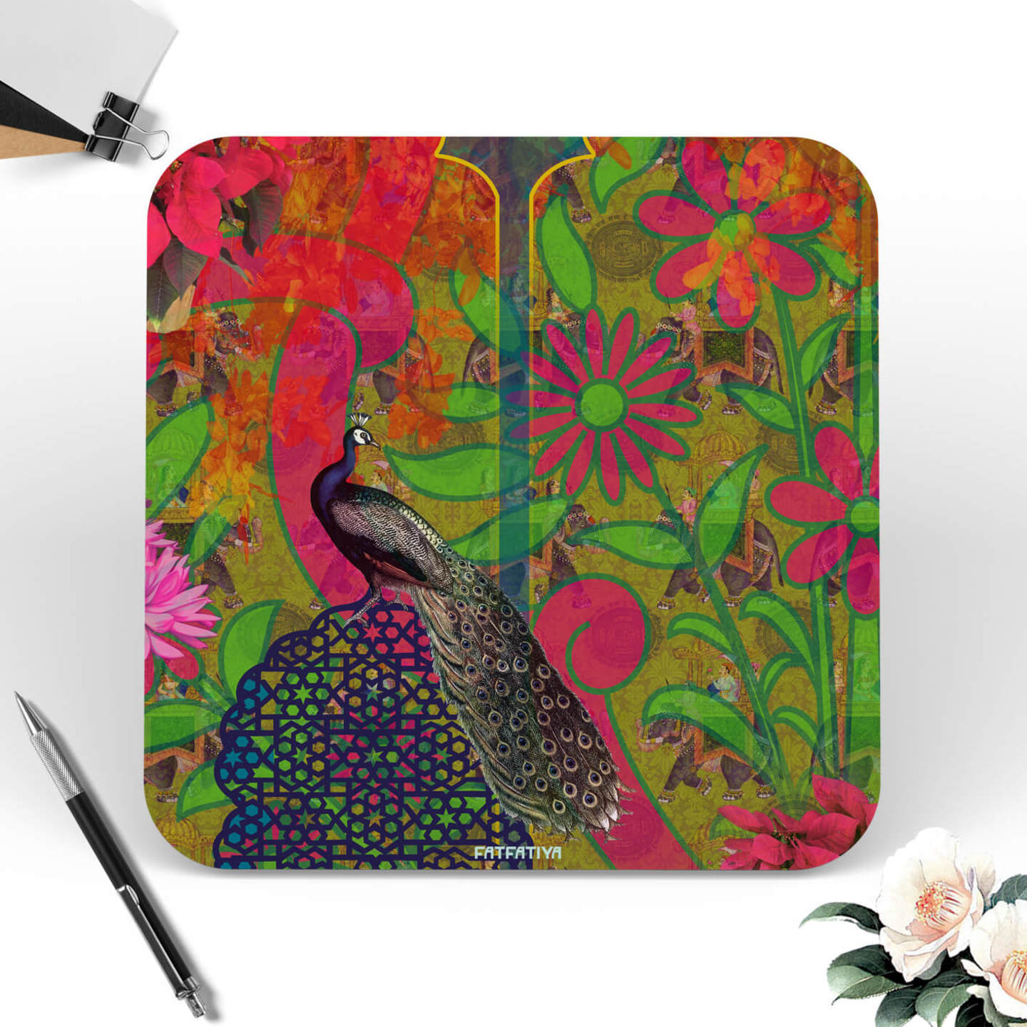Multicoloured Peacock Themed Table Coaster Set of Six
