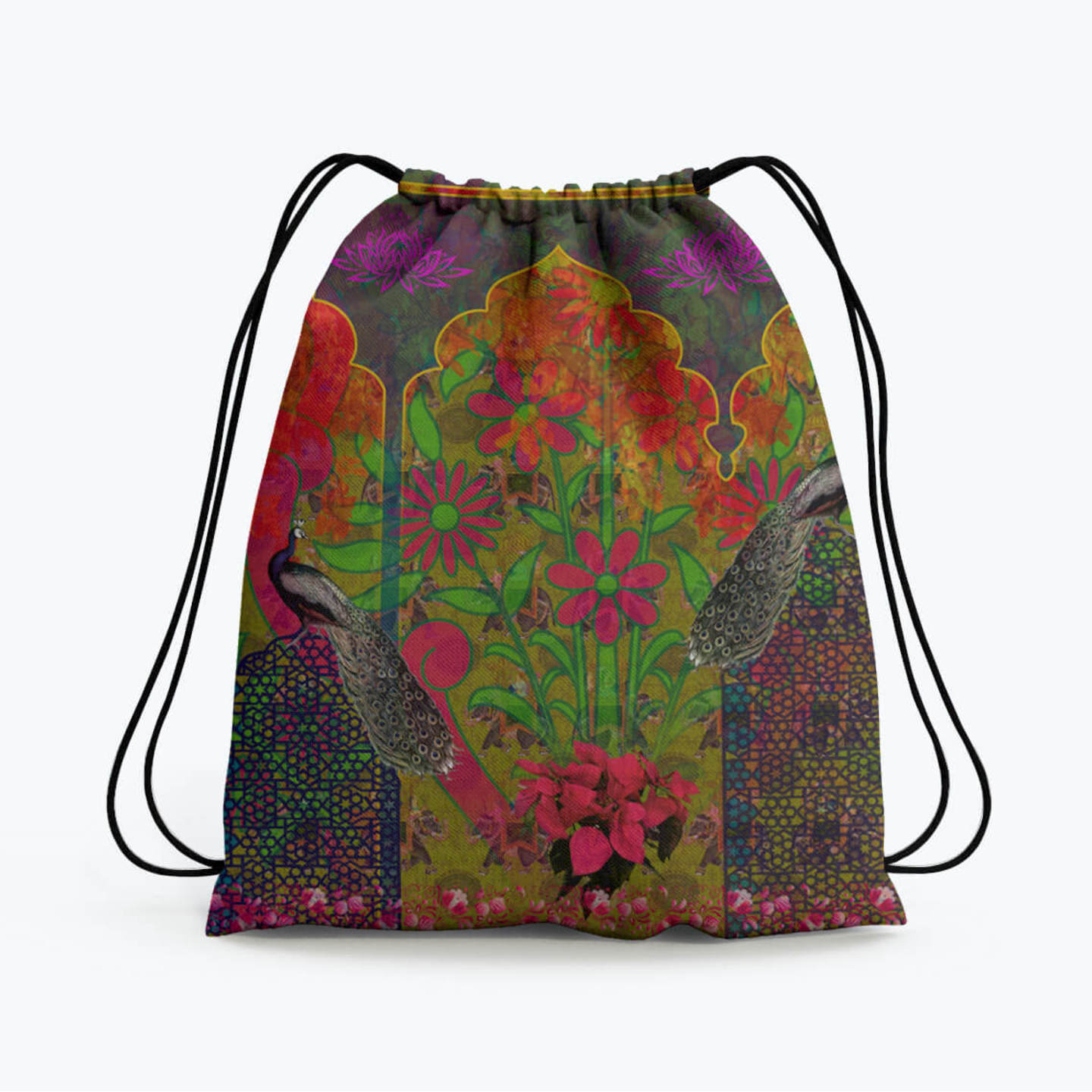 Beautiful Peacock and Flower Drawstring Bag 