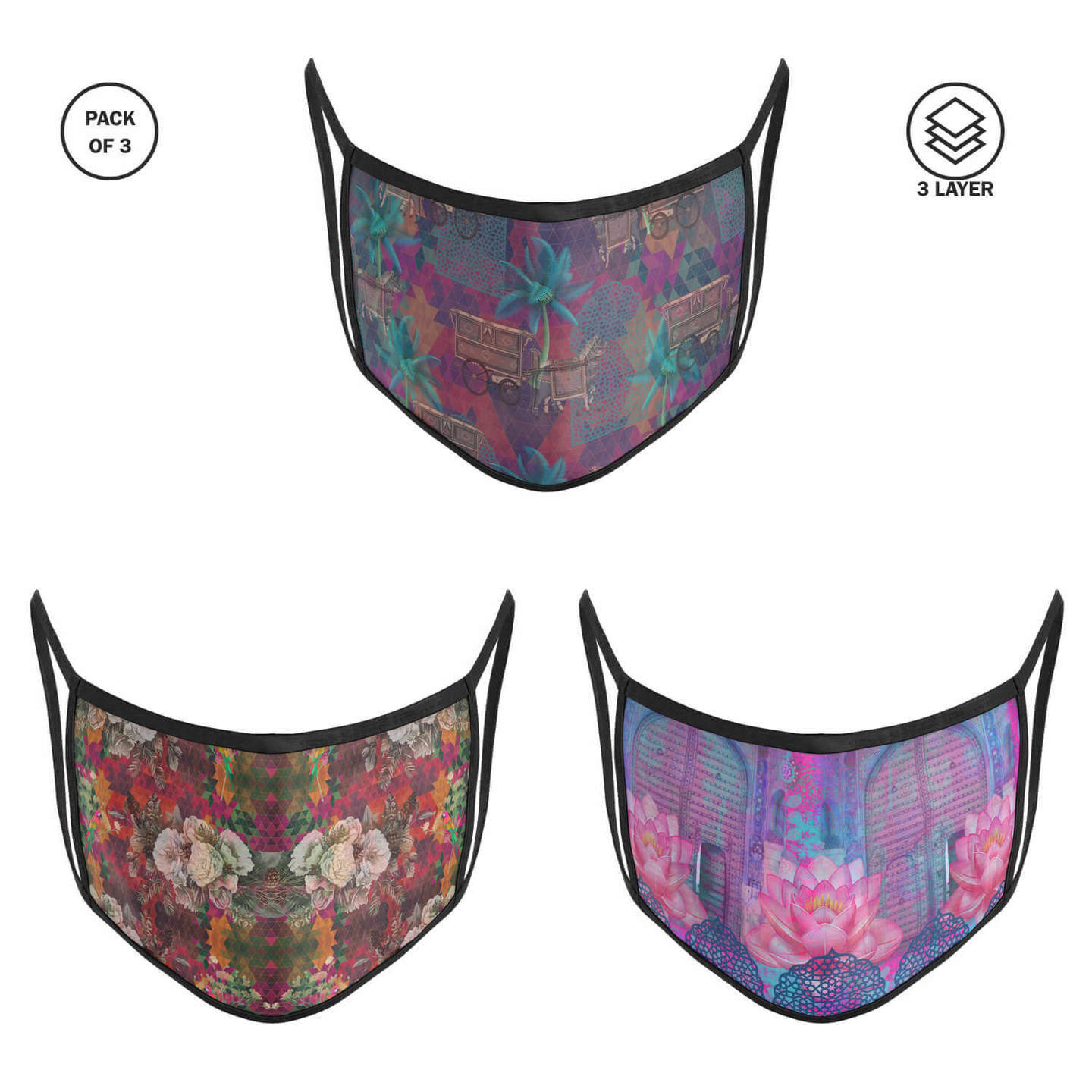 3 Layer Printed Protective Face Mask - Pack of 3 Horse Cart-Red-Lotus Flower