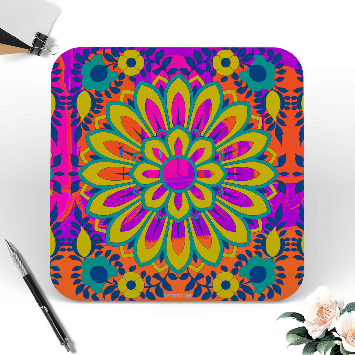 Vibrant Flower Designer MDF wood Table Coaster Set of 6 Pcs