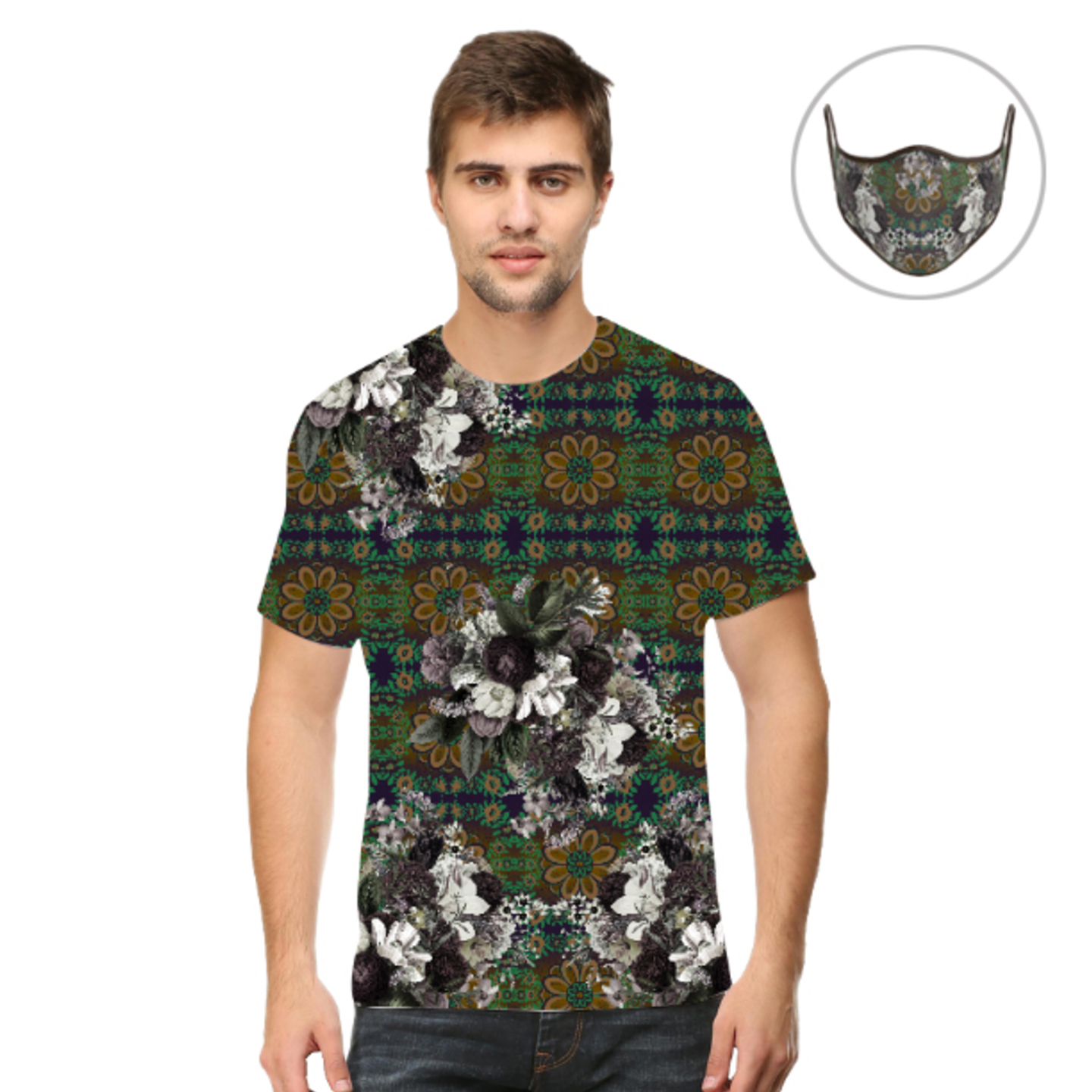 Men Abstract Flower Print T-Shirt Mask Combo