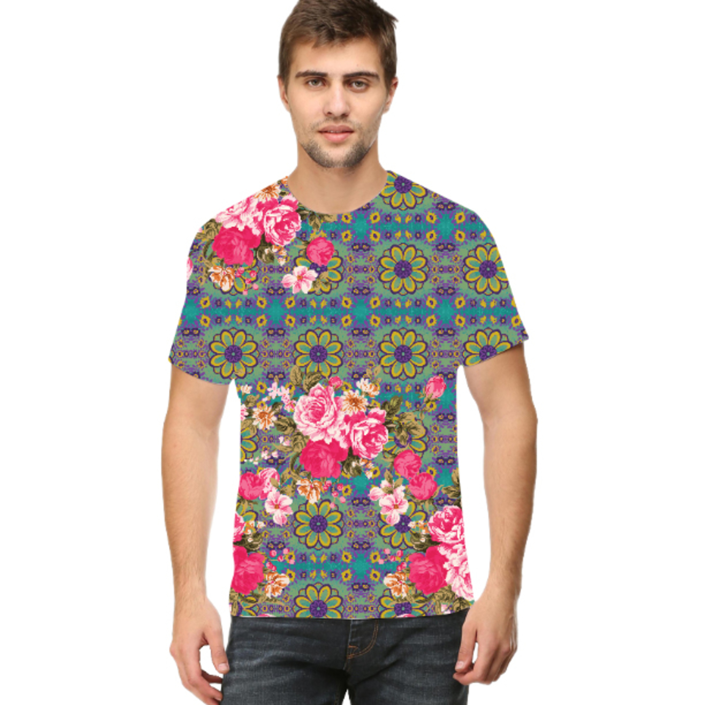 Men Cool Blue and Pink Flowery Round Neck T-Shirt