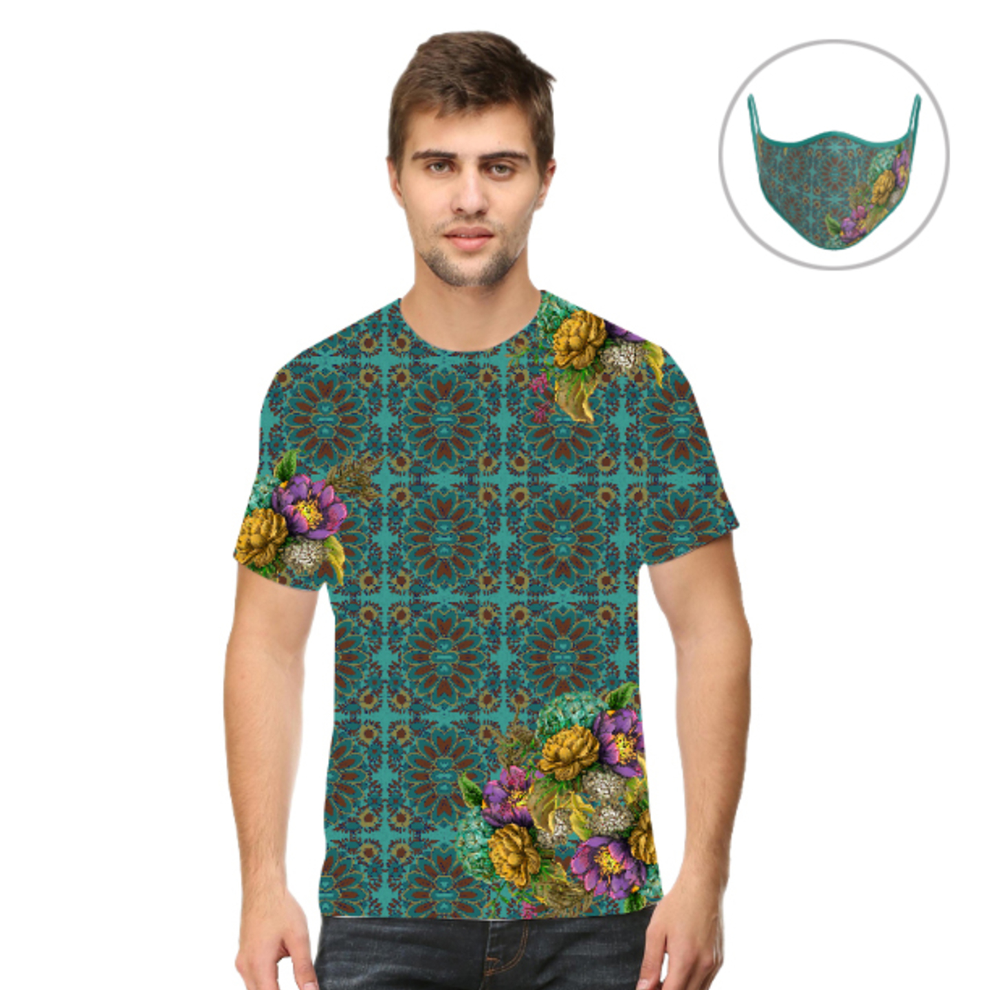 Men Geometric Design Flowery T-Shirt Mask Combo