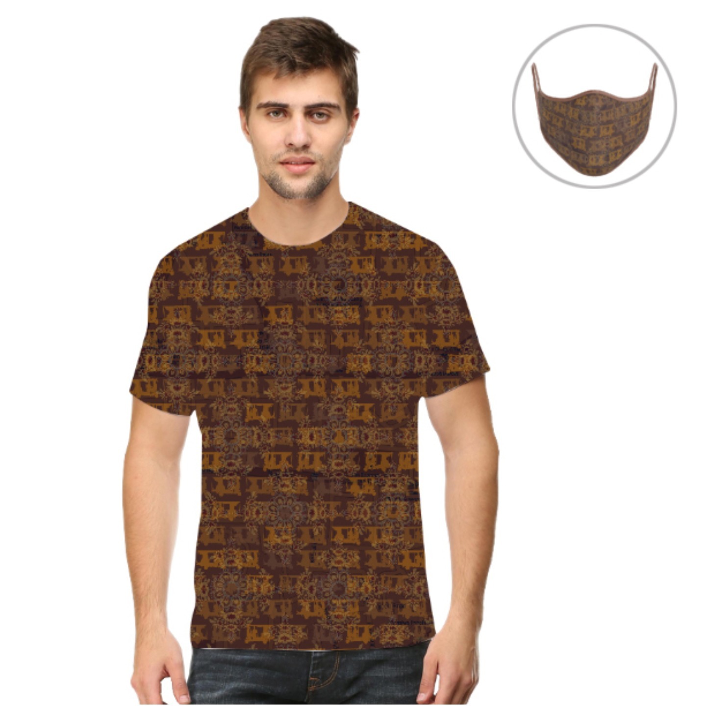 Men Brown Ancient Flower T-Shirt Mask Combo