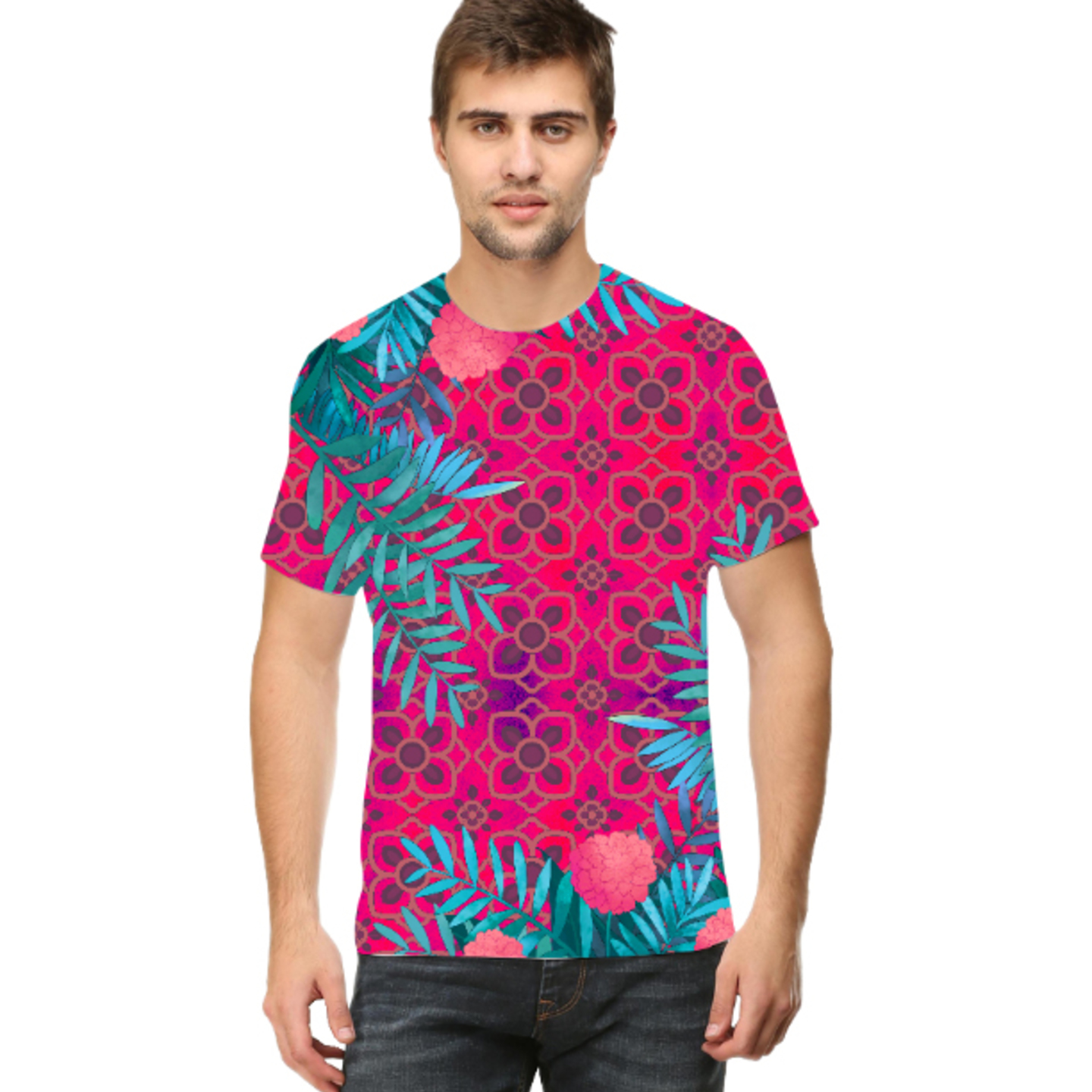 Men Pink and Blue Jungle Round Neck T-Shirt