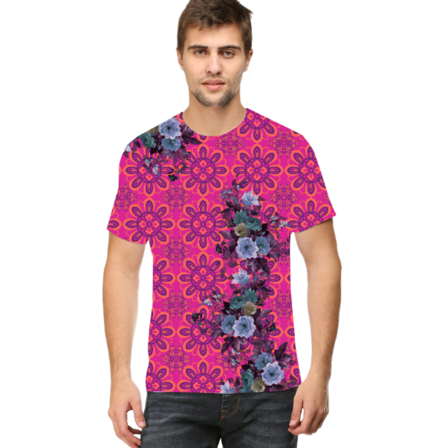 Men Pink and Blue Floral Round Neck T-Shirt