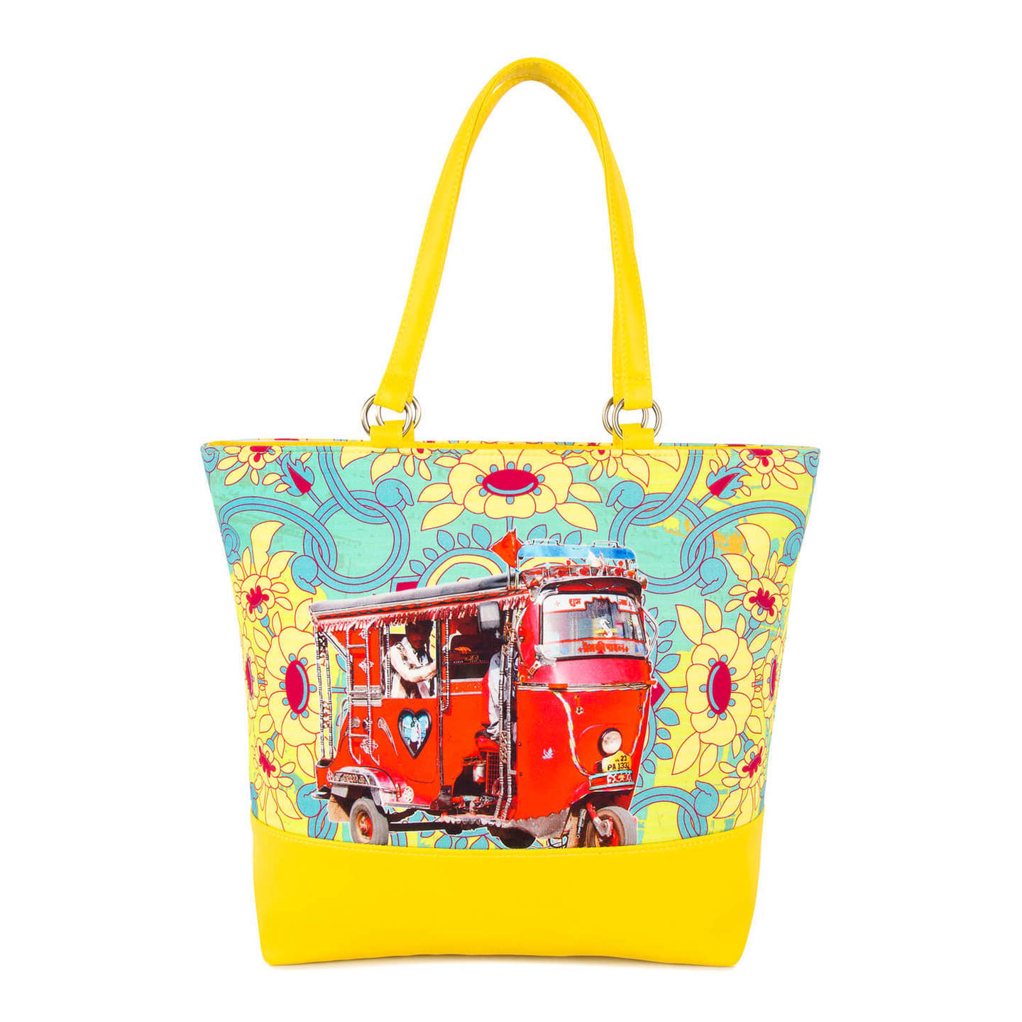 Red Auto Canvas and Faux Leather Women Tote Bag