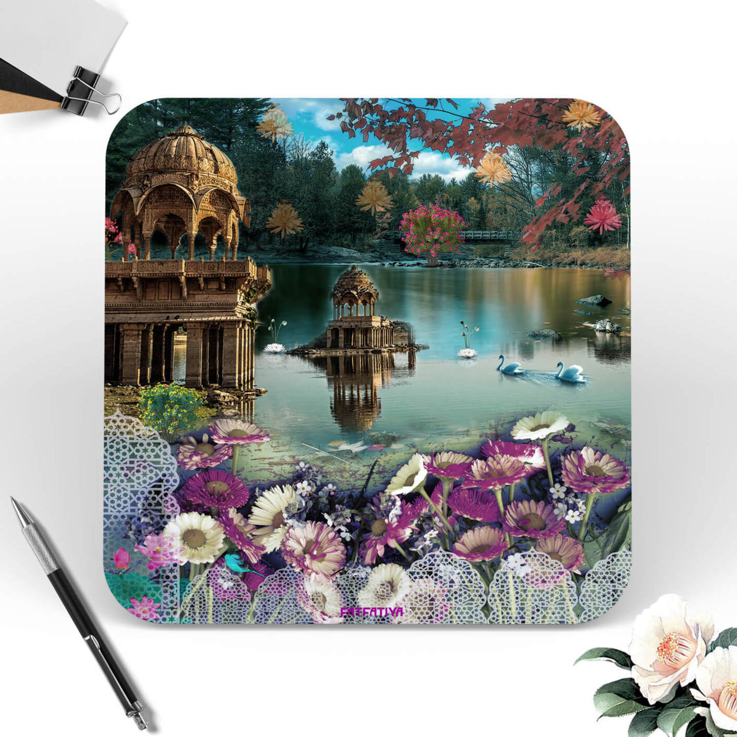 Traditional Rajasthani Lake Scene Table Coaster Set of Six