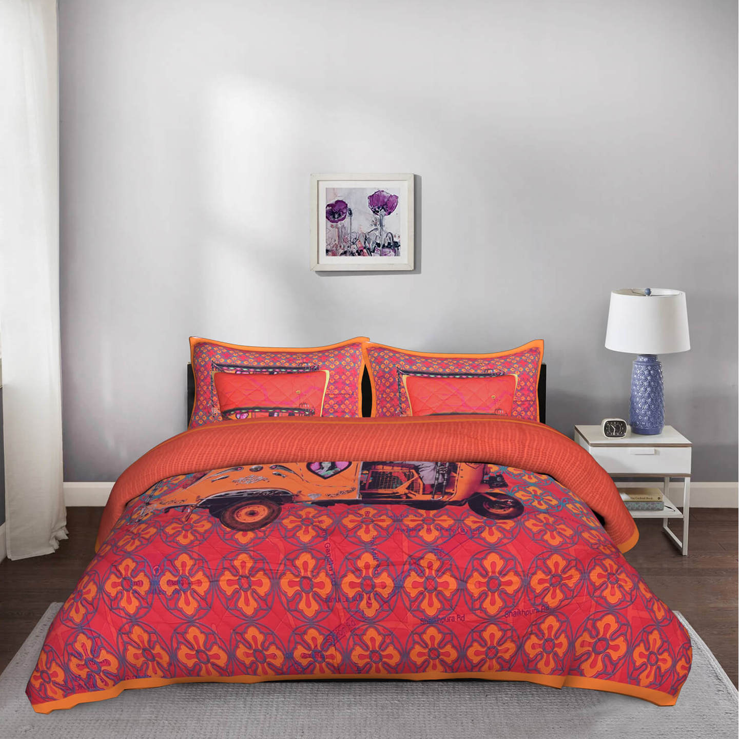 Orange Auto Rickshaw King Size Cotton Quilted Bedspread