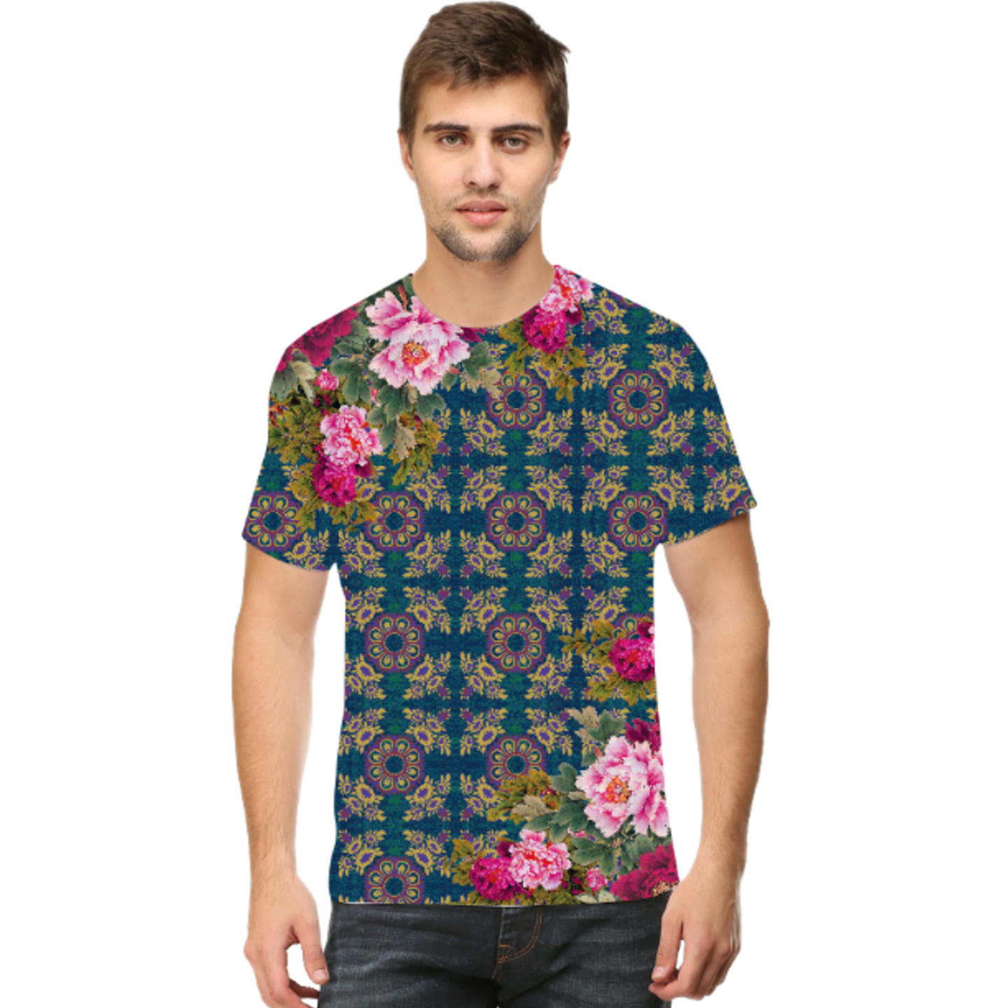 Men Geometric Design Floral Round Neck T-Shirt