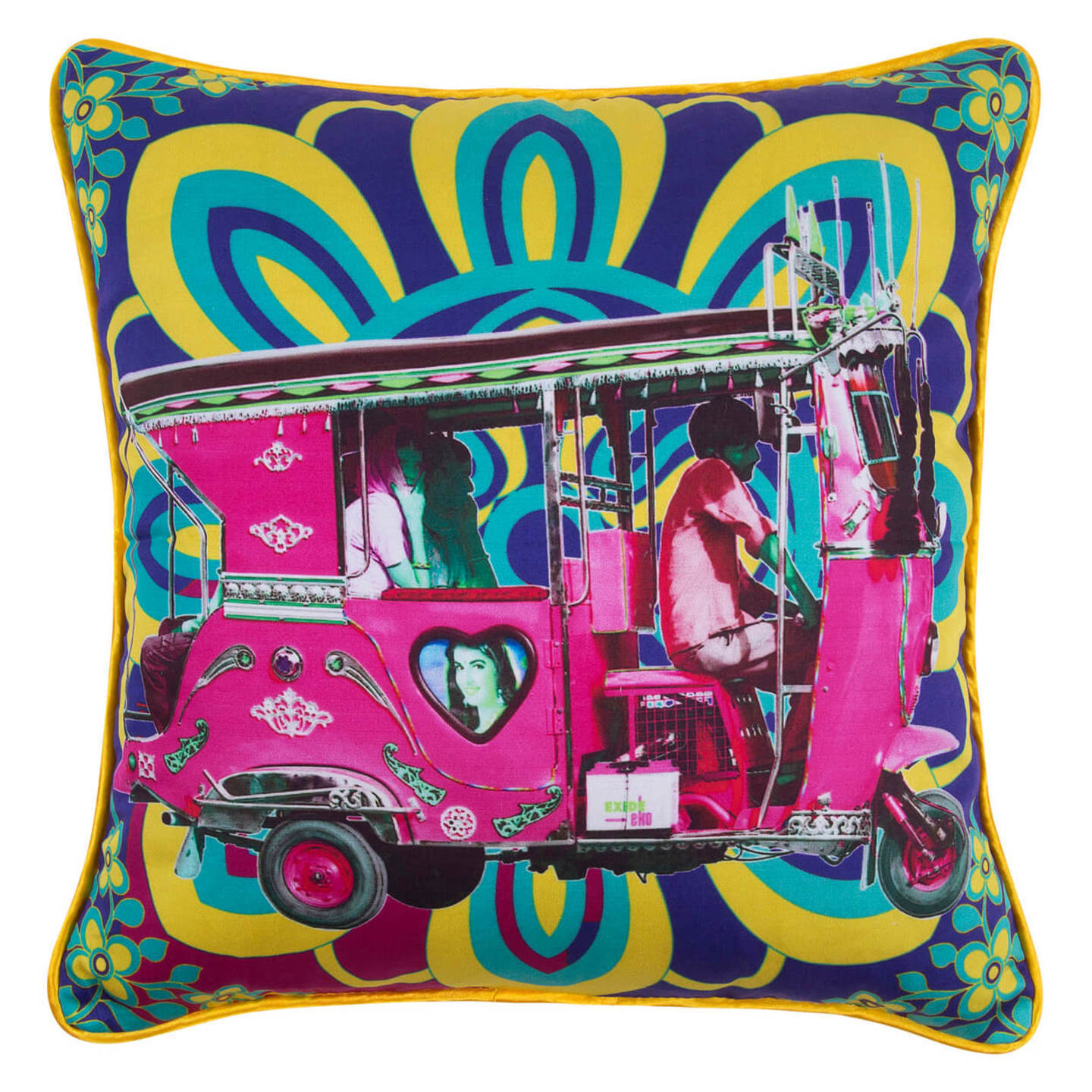 Gulabi Auto Rickshaw Glaze Cotton Cushion Cover 16x16 Inches