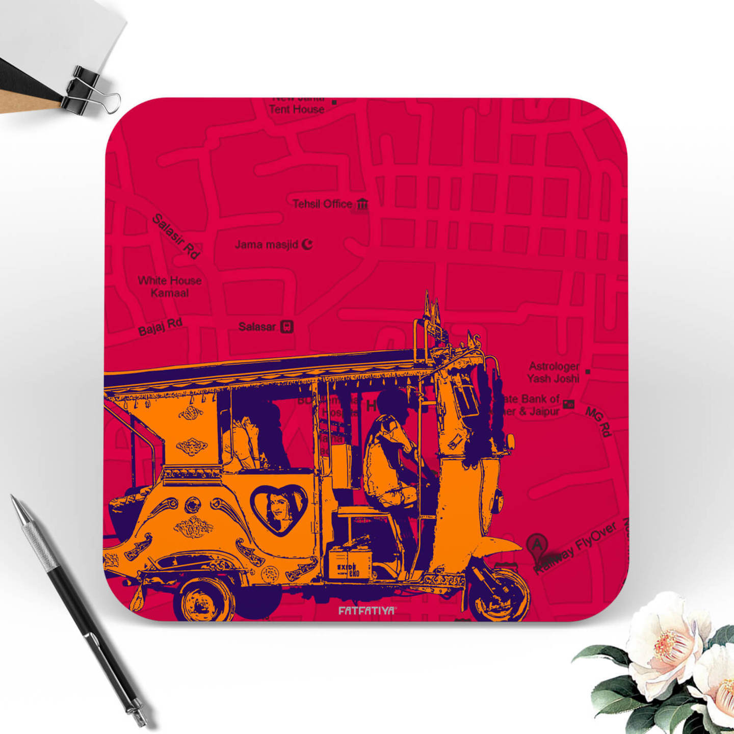 Orange Auto Quirky Coaster for Home Kitchen Office Desk Set of 6 Pcs